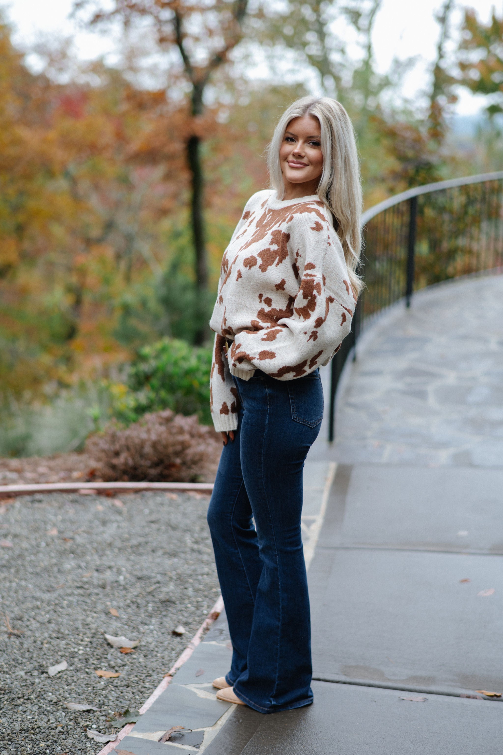 Chic Cow Print Sweater-Natural Camel
