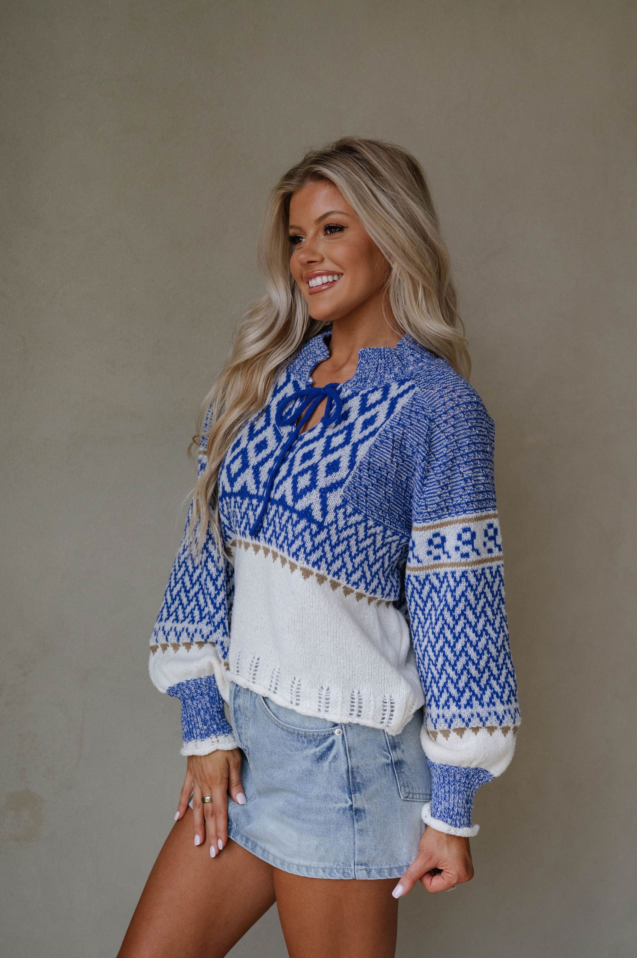 Puff Sleeve Nordic Sweater-Royal Blue