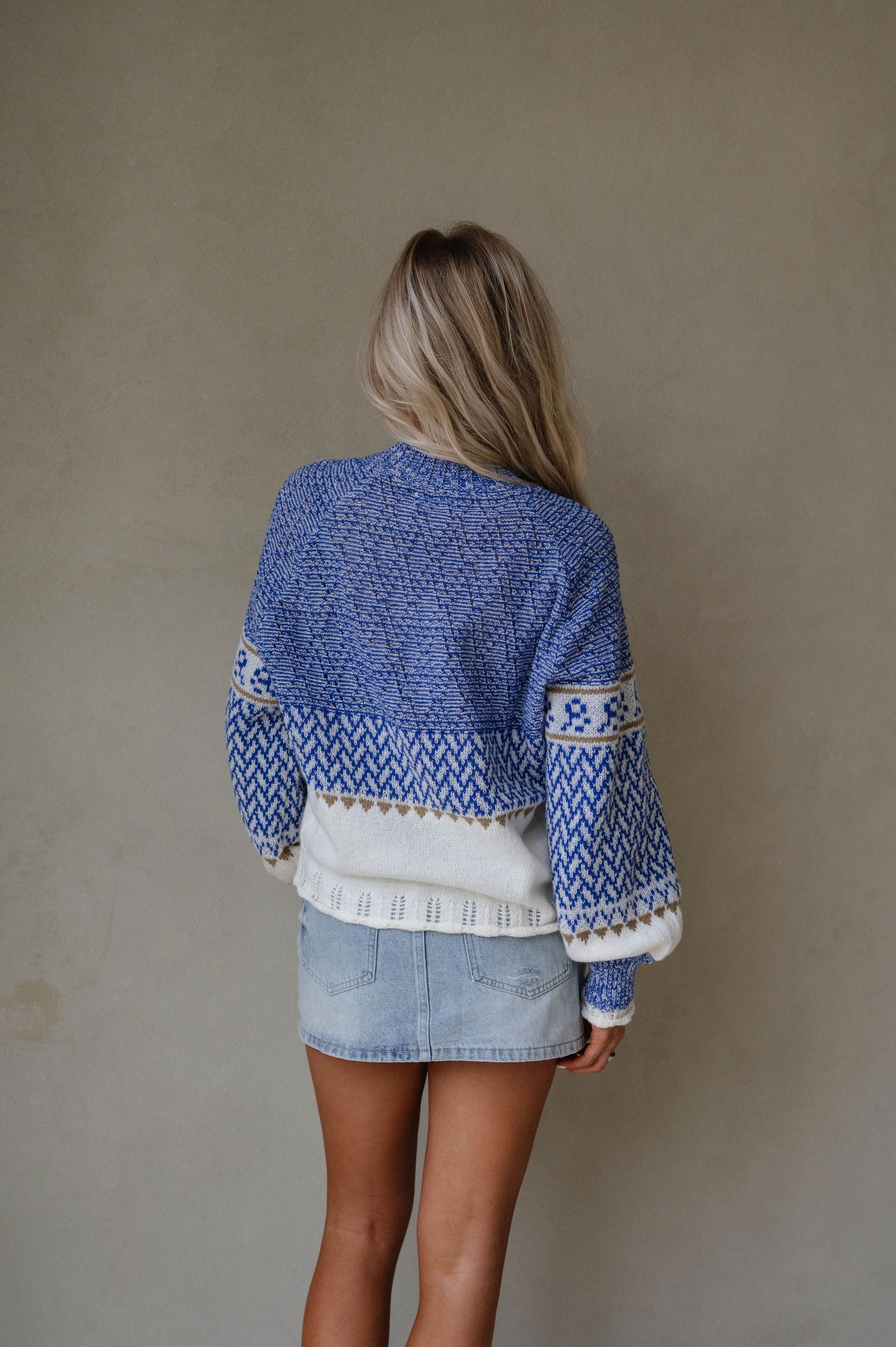 Puff Sleeve Nordic Sweater-Royal Blue