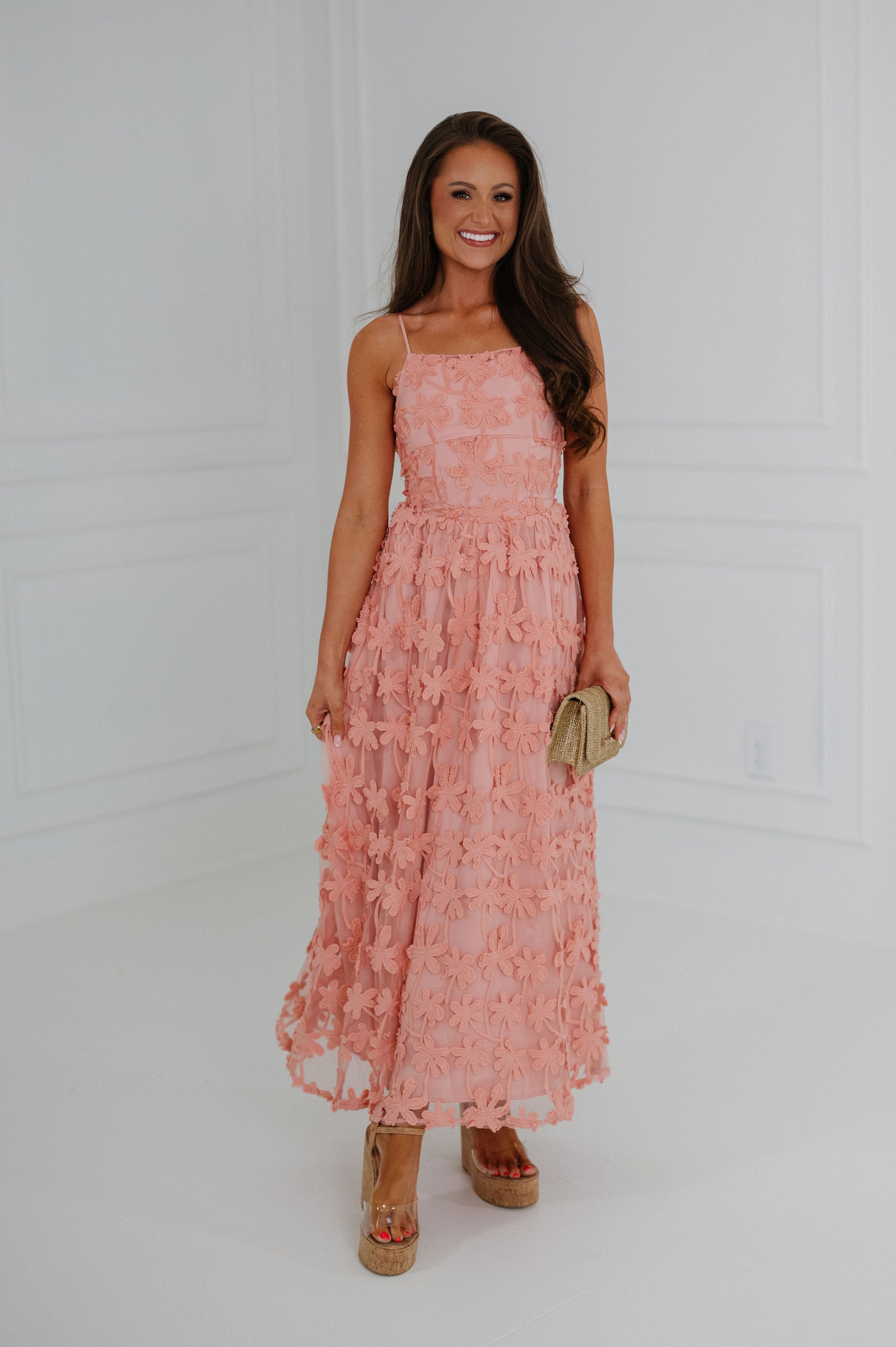 Floral Embellished Maxi Dress-Pink