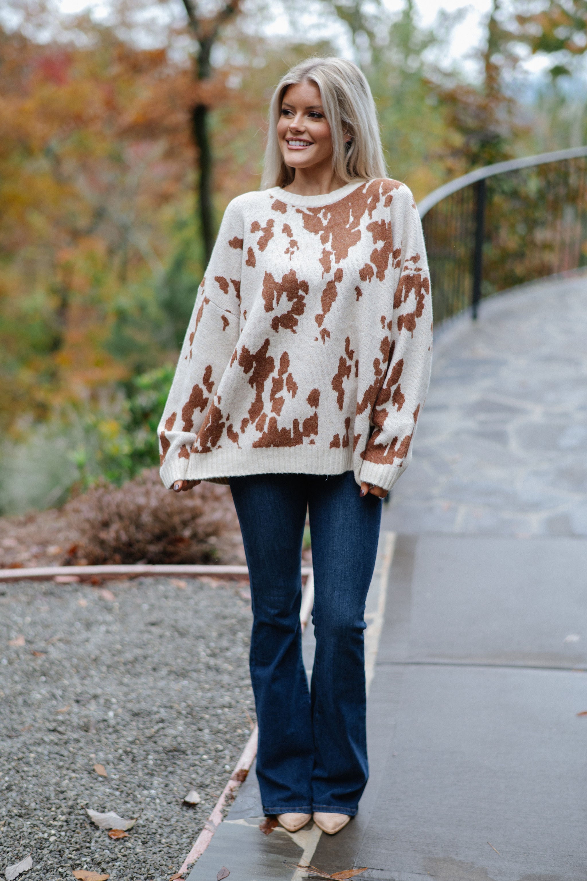 Chic Cow Print Sweater-Natural Camel