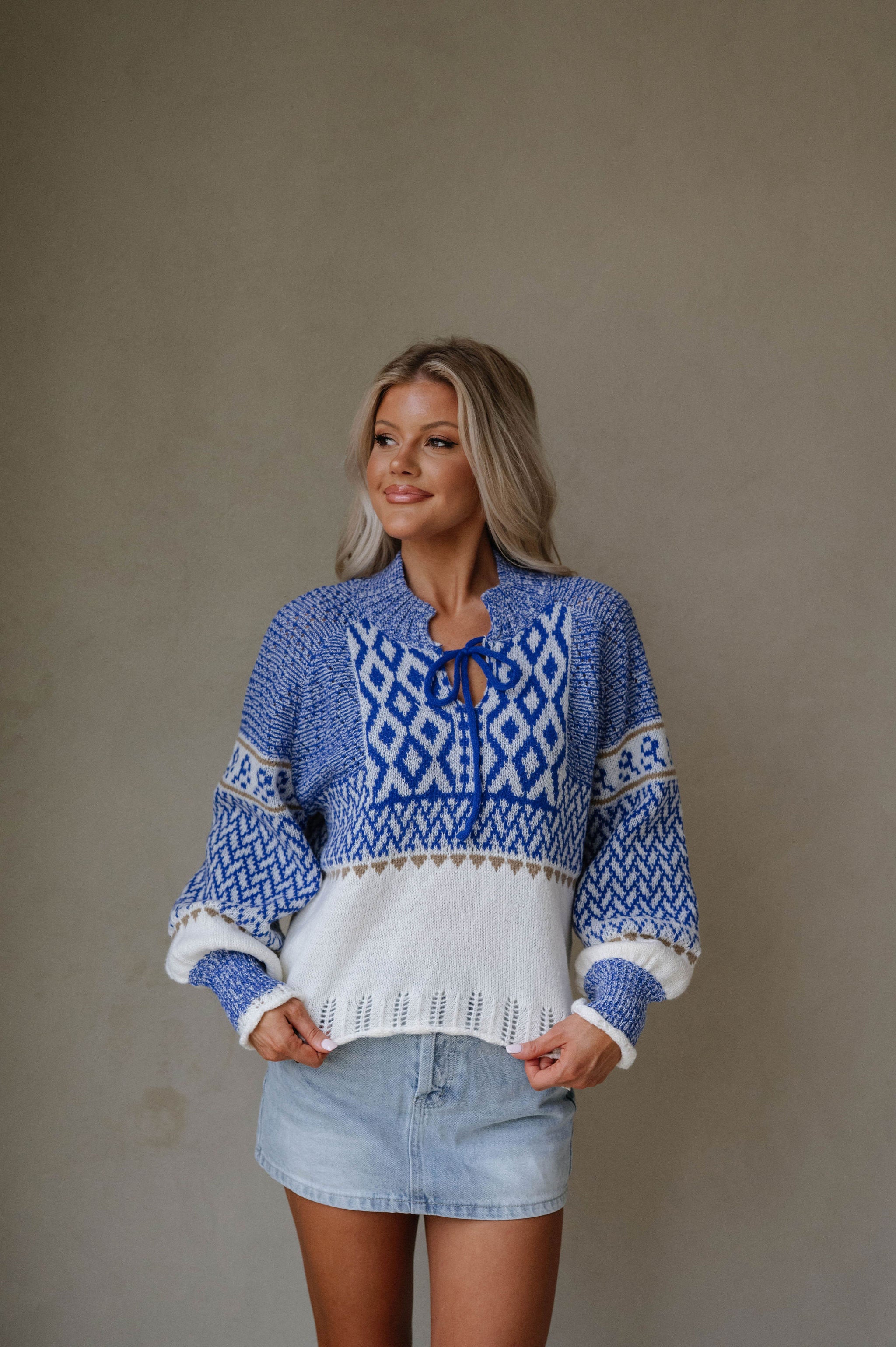 Puff Sleeve Nordic Sweater-Royal Blue