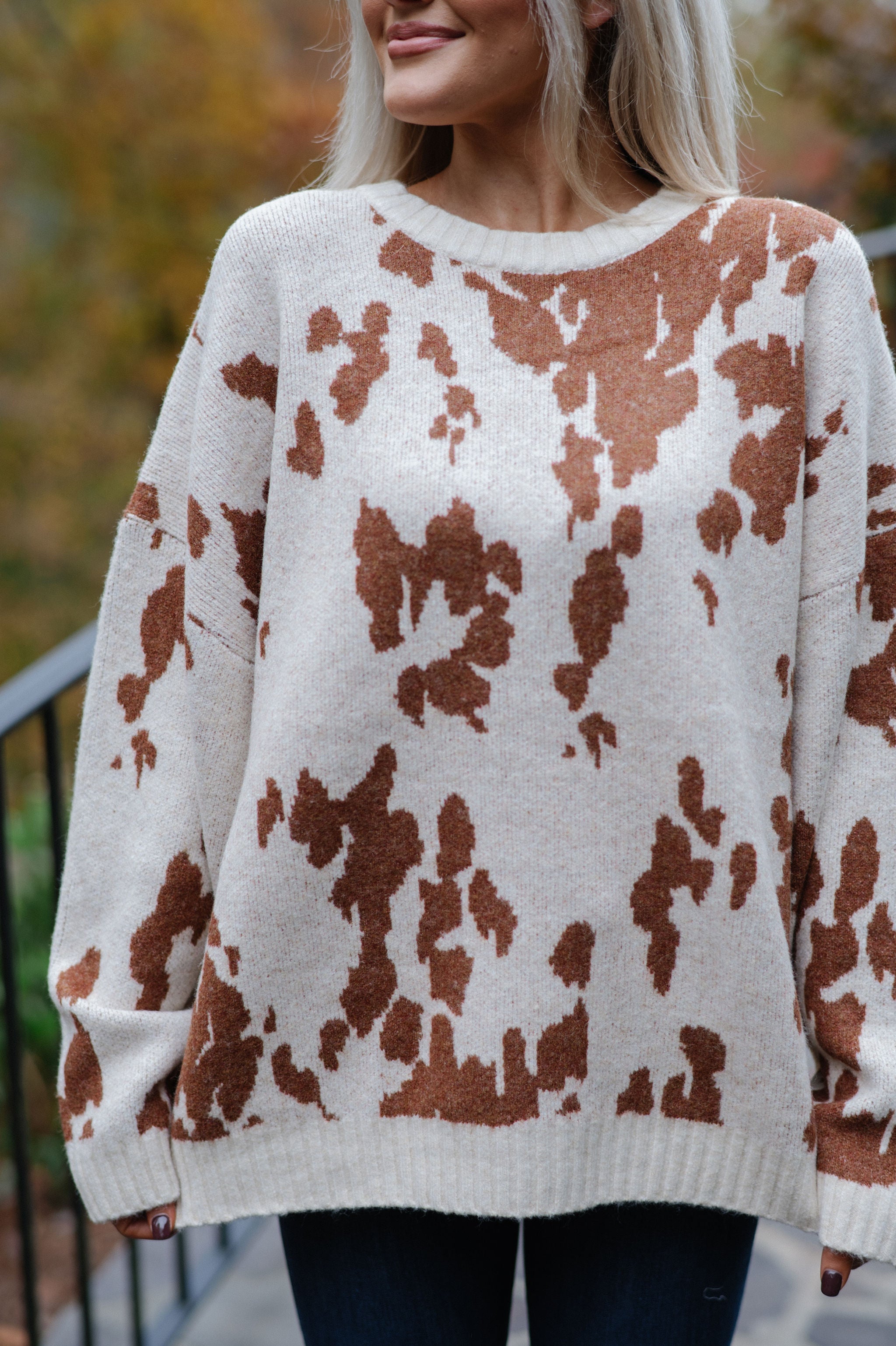 Chic Cow Print Sweater-Natural Camel