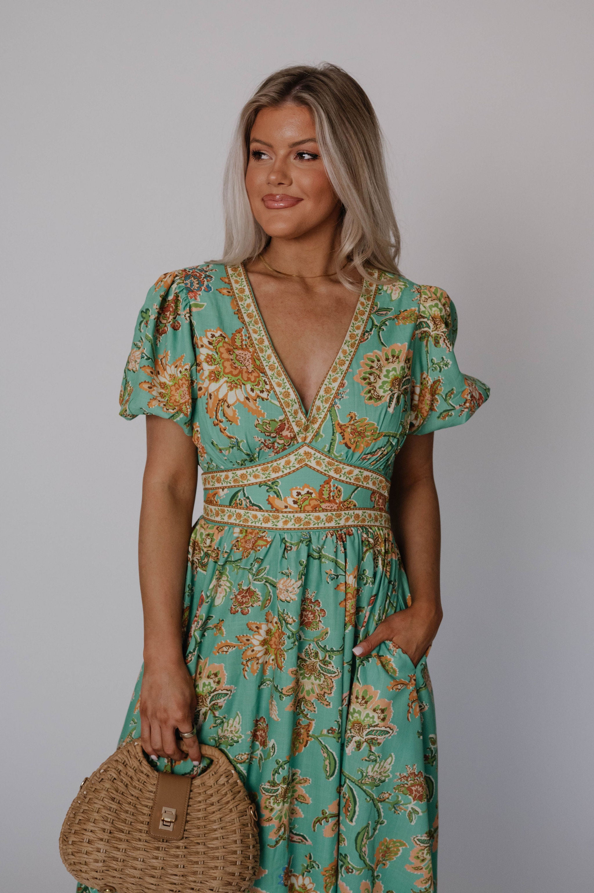 Jaynie Puff Sleeve Midi Dress-Green Multi