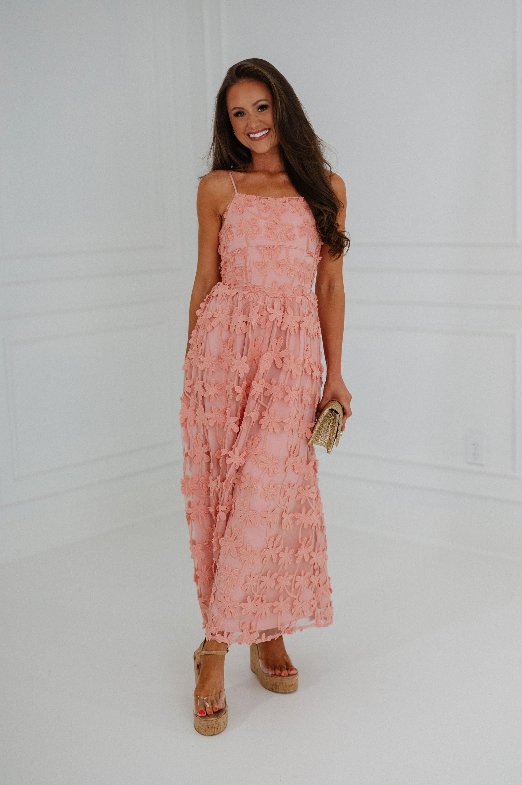Floral Embellished Maxi Dress-Pink