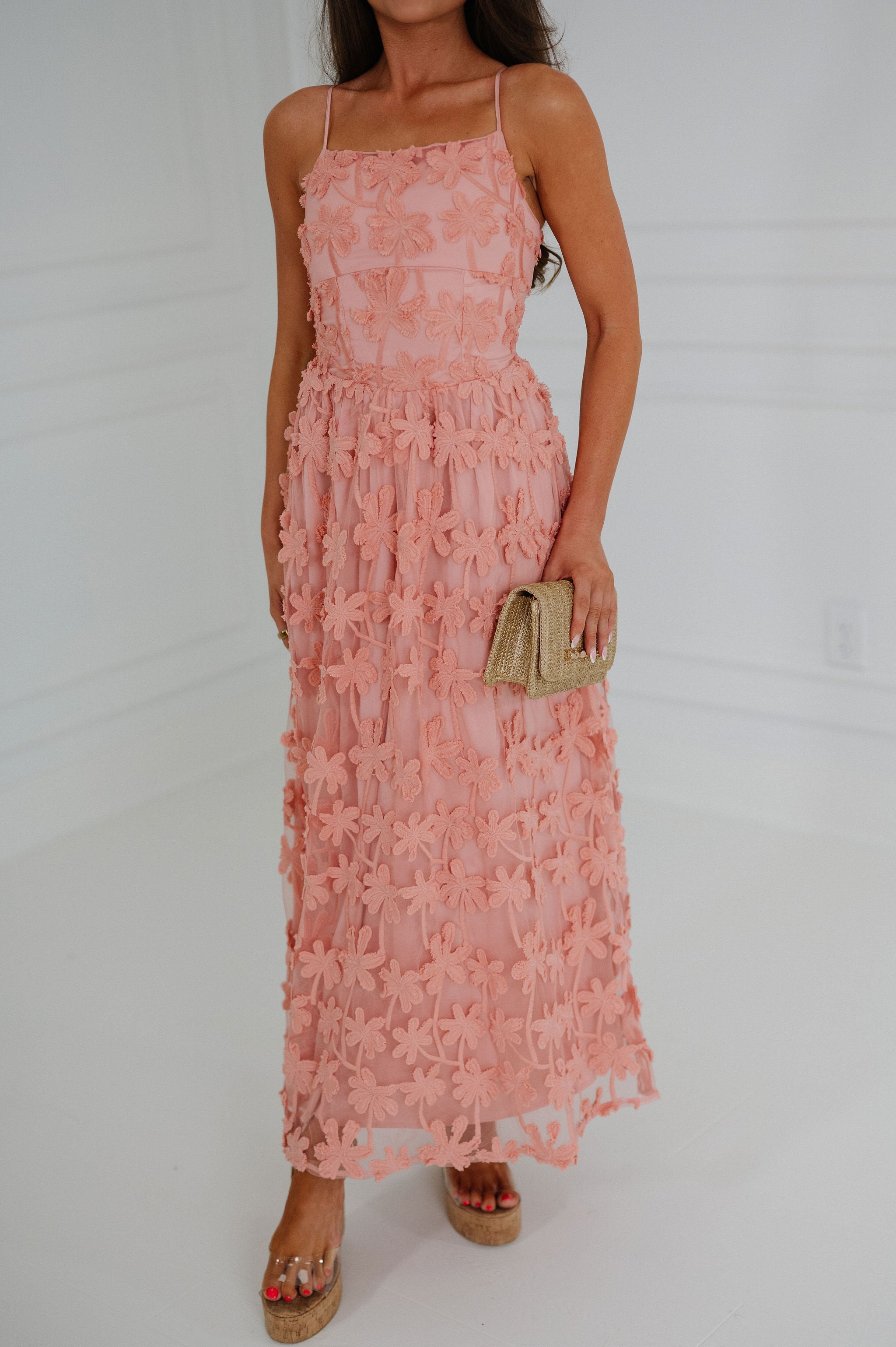 Floral Embellished Maxi Dress-Pink