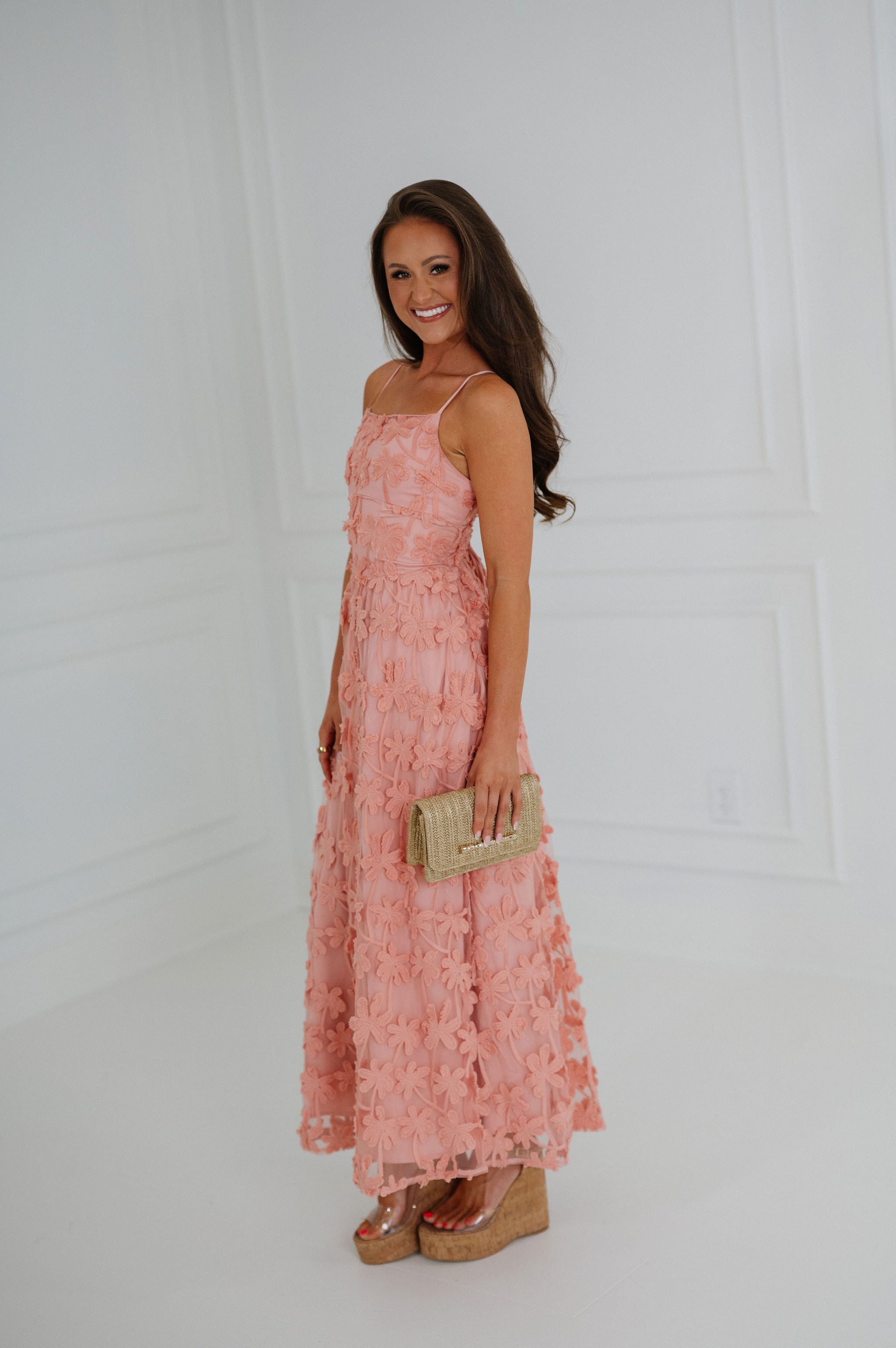 Floral Embellished Maxi Dress-Pink