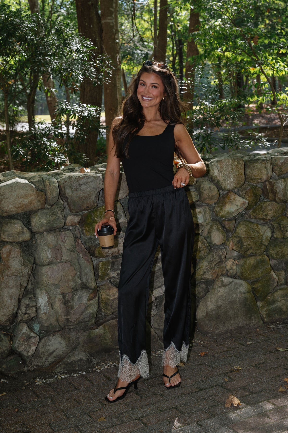 Quinn Lace Trim Satin Pants-Black/Cream