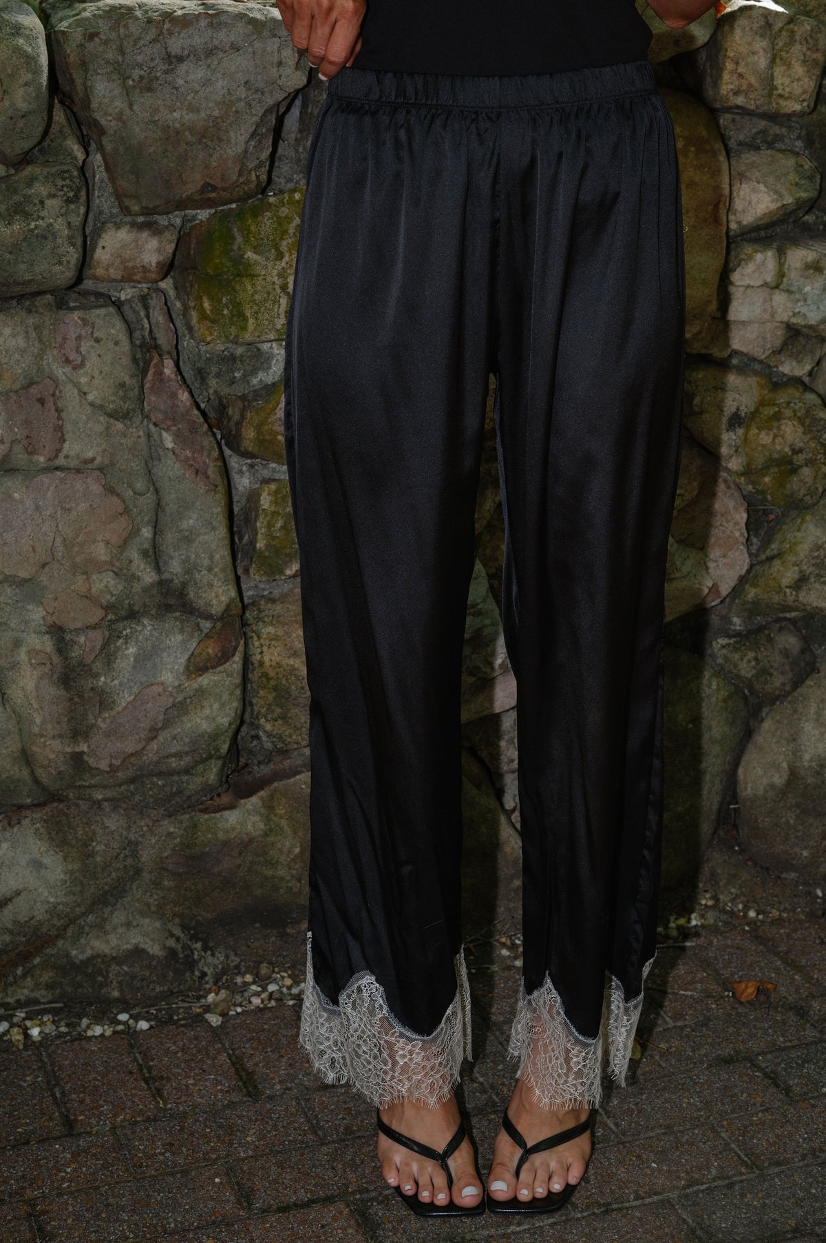 Quinn Lace Trim Satin Pants-Black/Cream