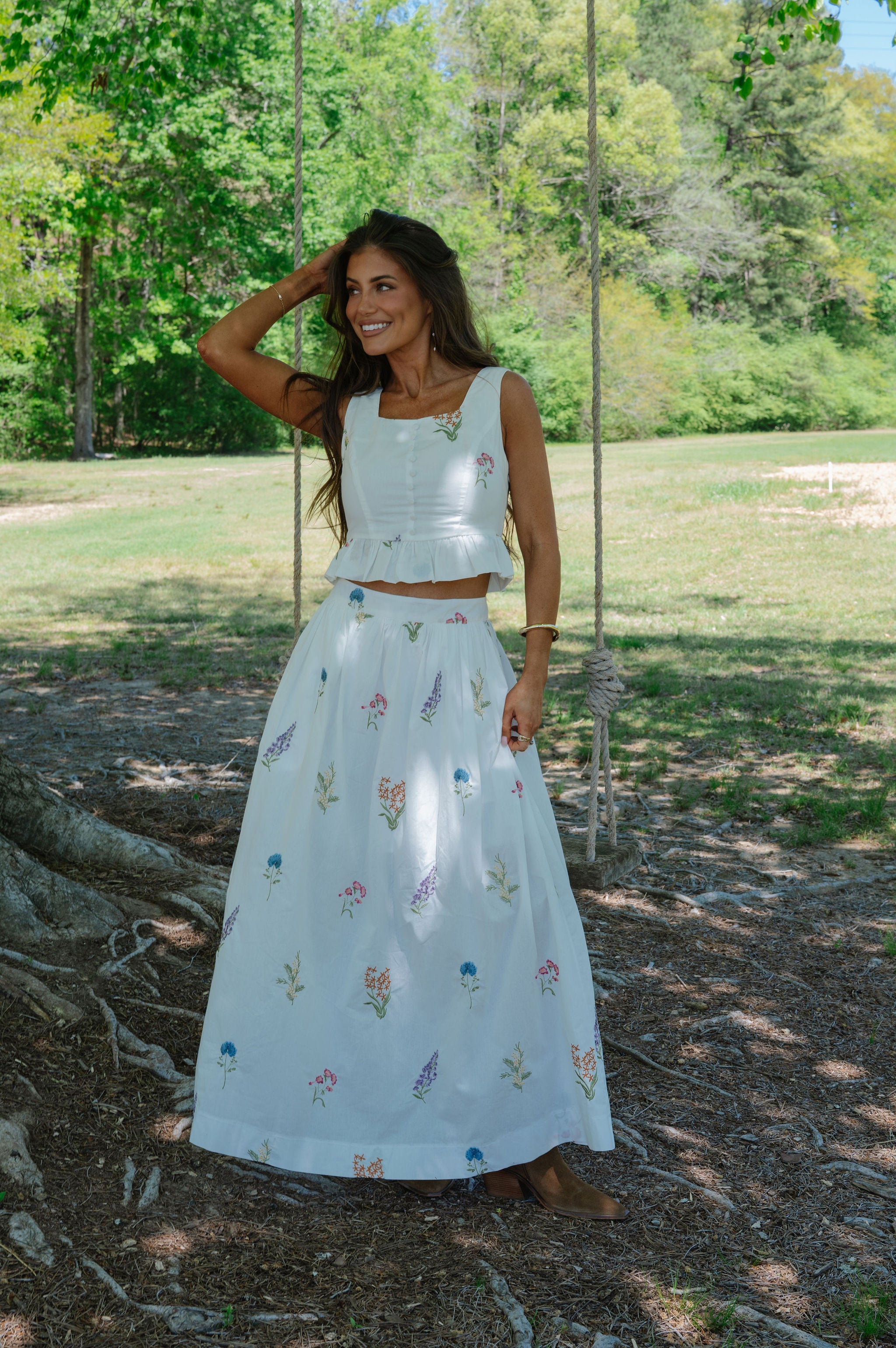 Cottage Floral Maxi Skirt Set-White