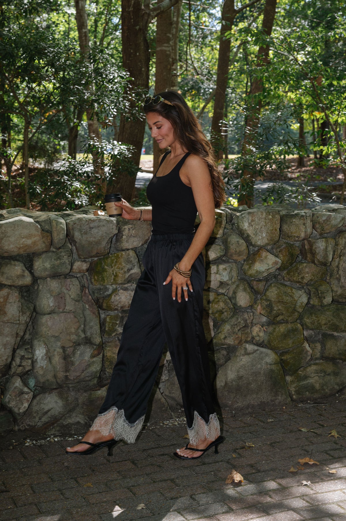 Quinn Lace Trim Satin Pants-Black/Cream