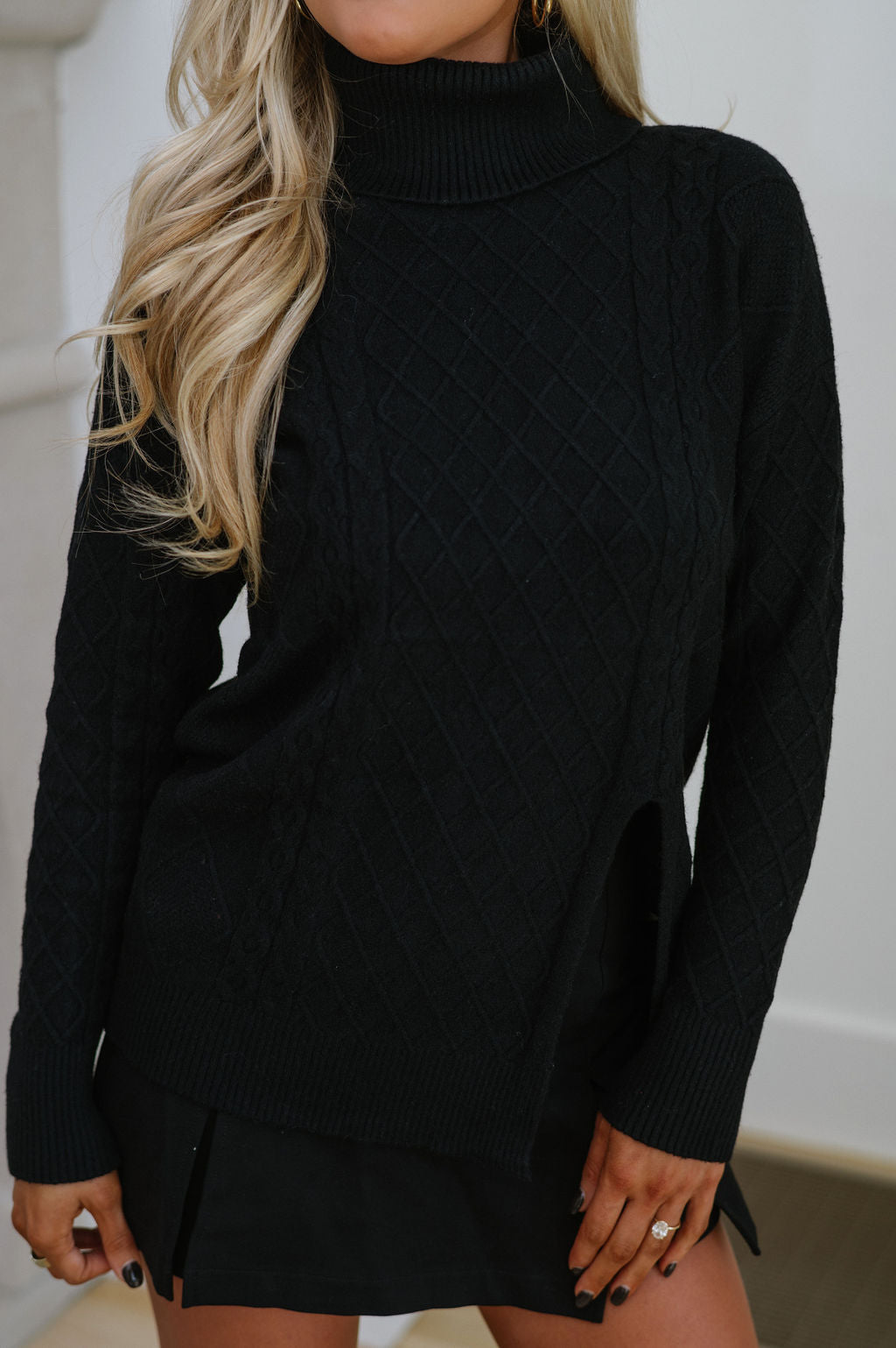 Split Hem Turtle Neck Sweater-Black