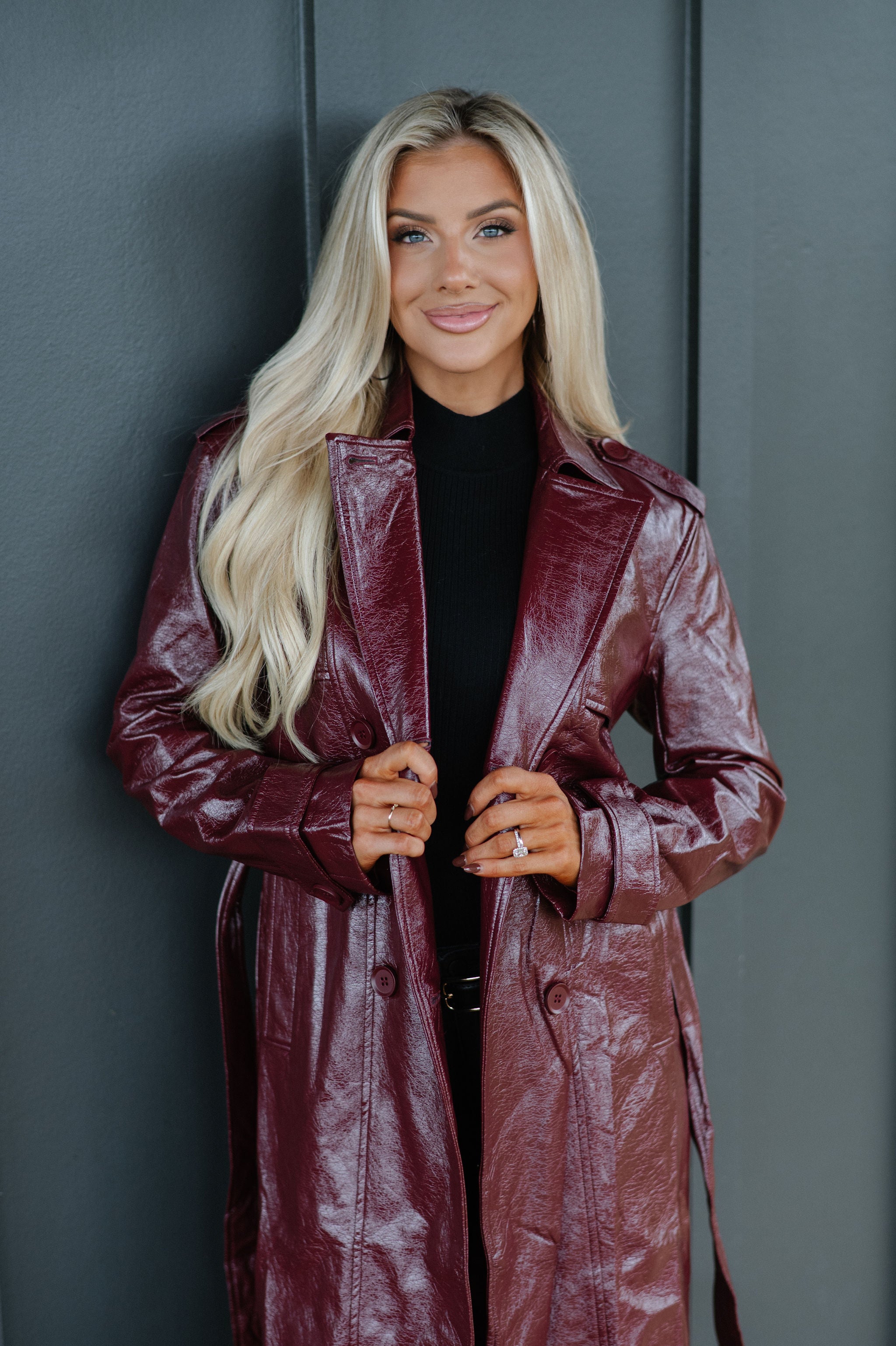 Faux Leather Trench Coat-Wine