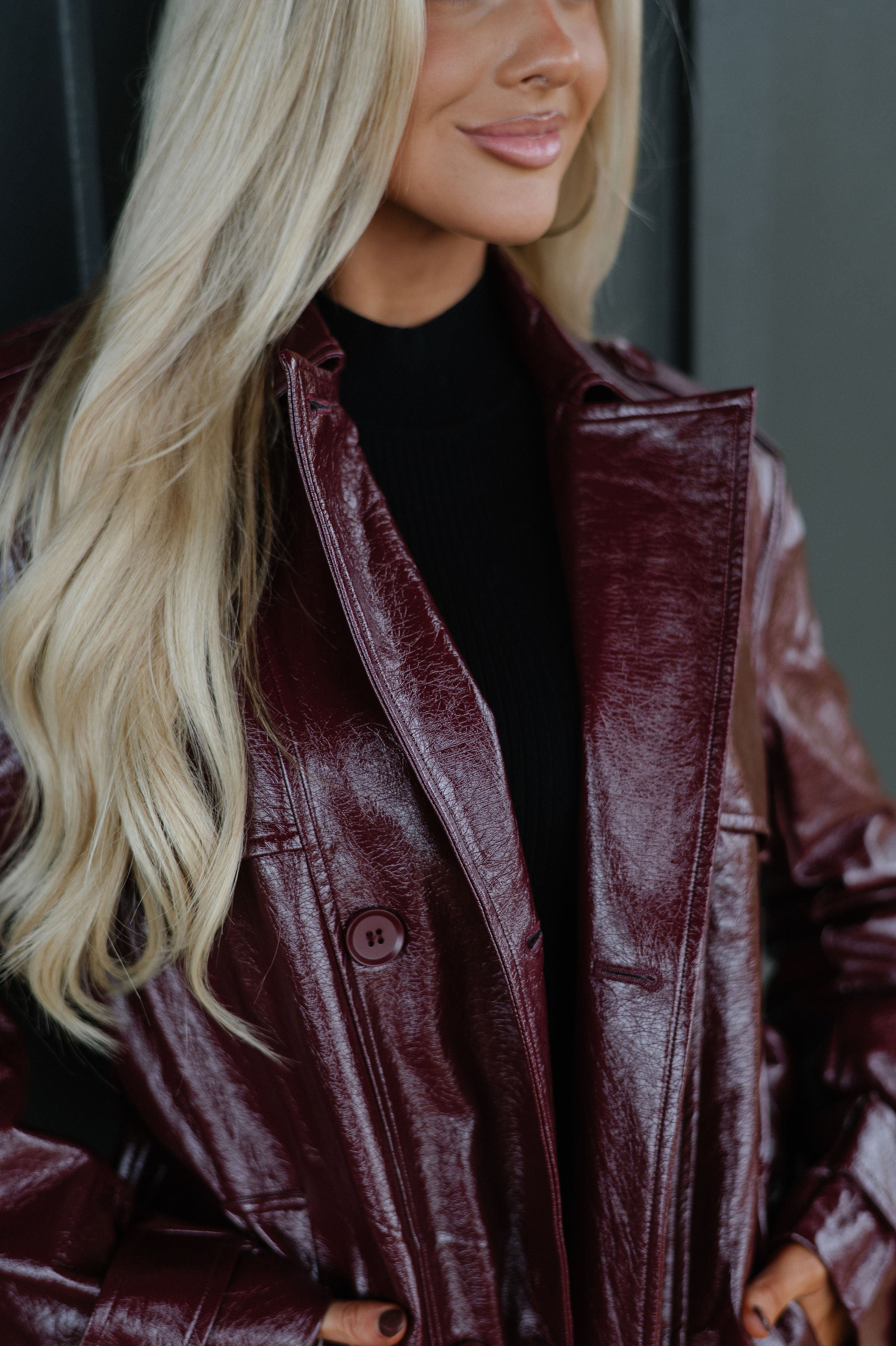 Faux Leather Trench Coat-Wine