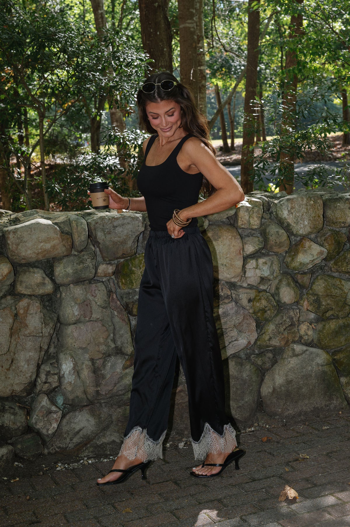 Quinn Lace Trim Satin Pants-Black/Cream