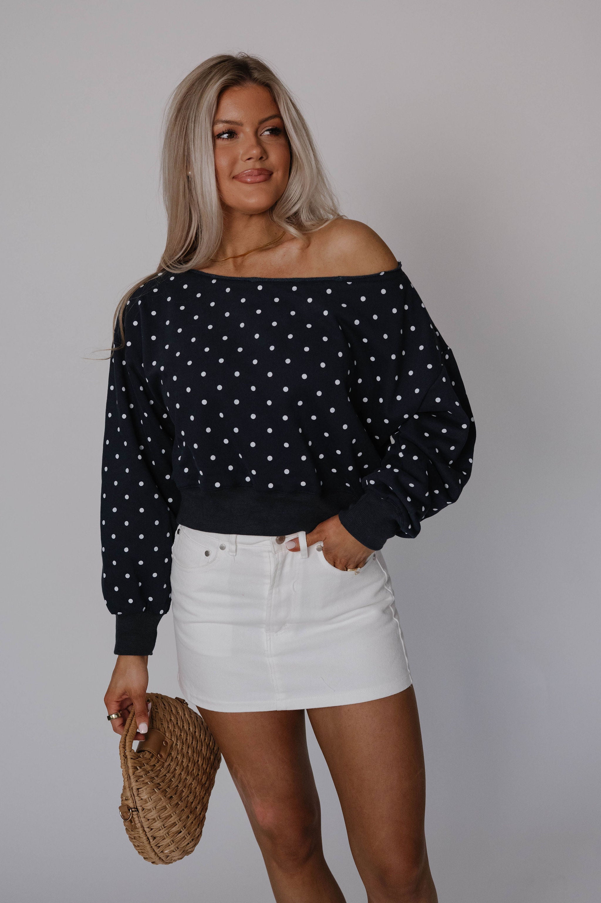 Off Shoulder Sweatshirt-Polka Dot