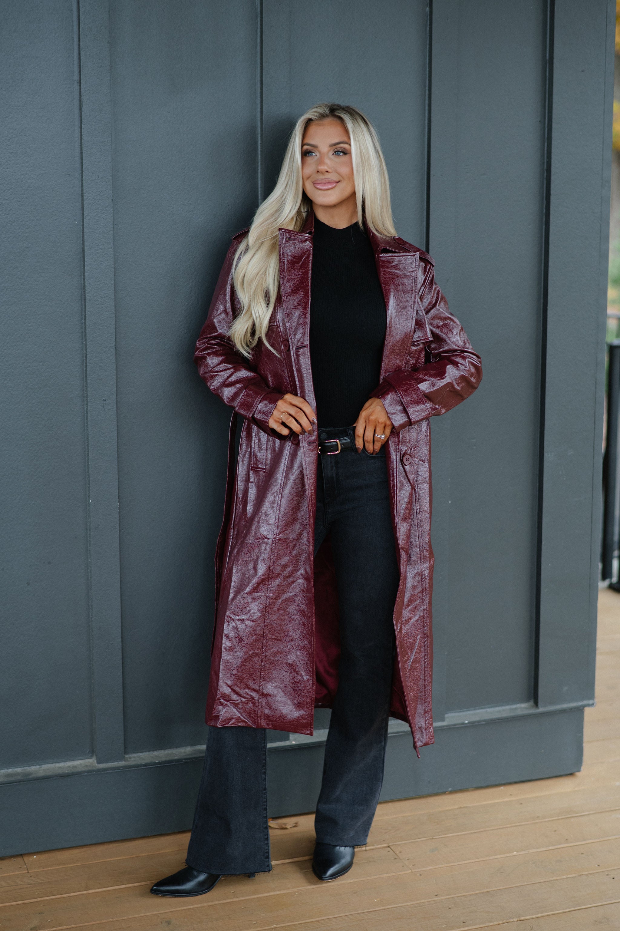 Faux Leather Trench Coat-Wine
