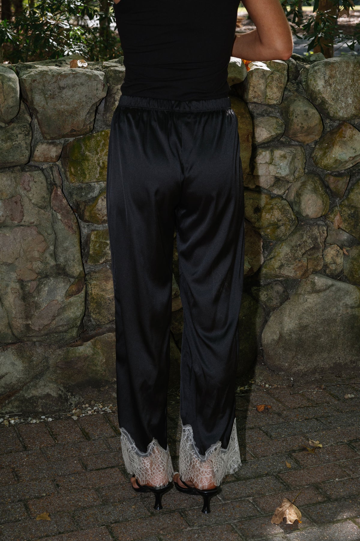 Quinn Lace Trim Satin Pants-Black/Cream