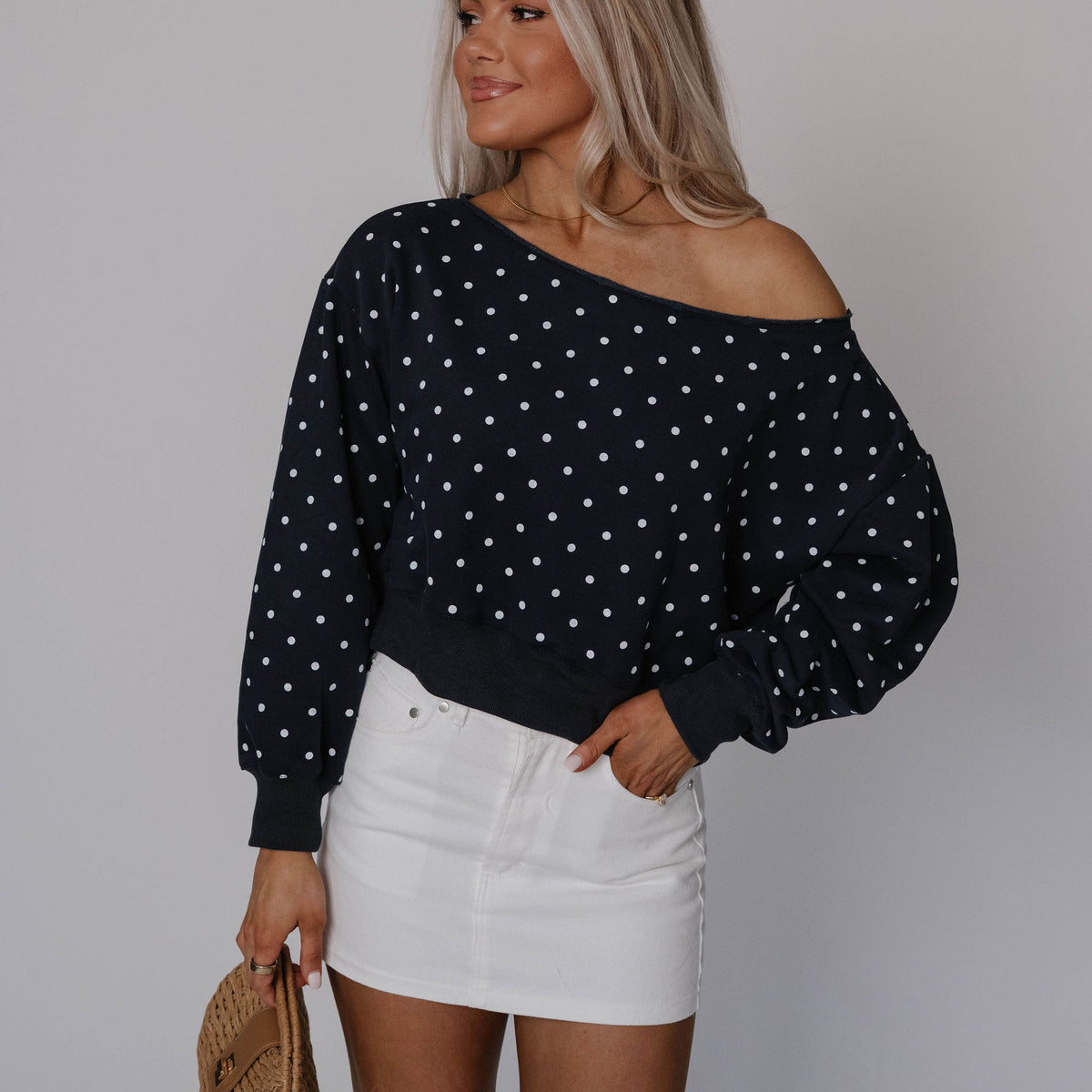 Off Shoulder Sweatshirt-Polka Dot