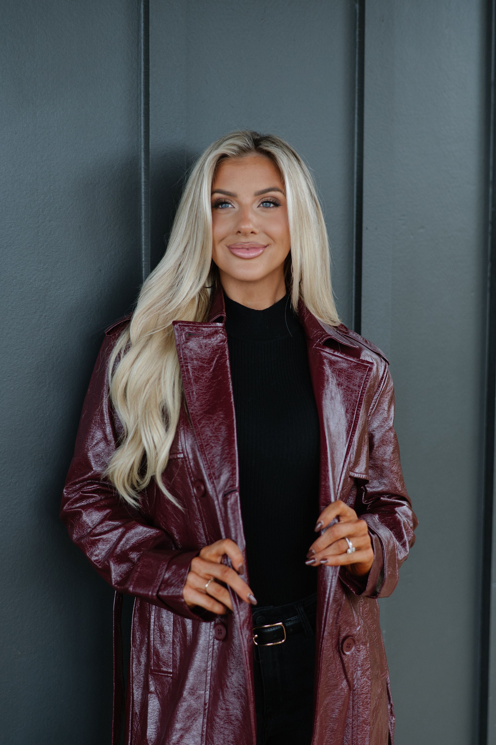 Faux Leather Trench Coat-Wine