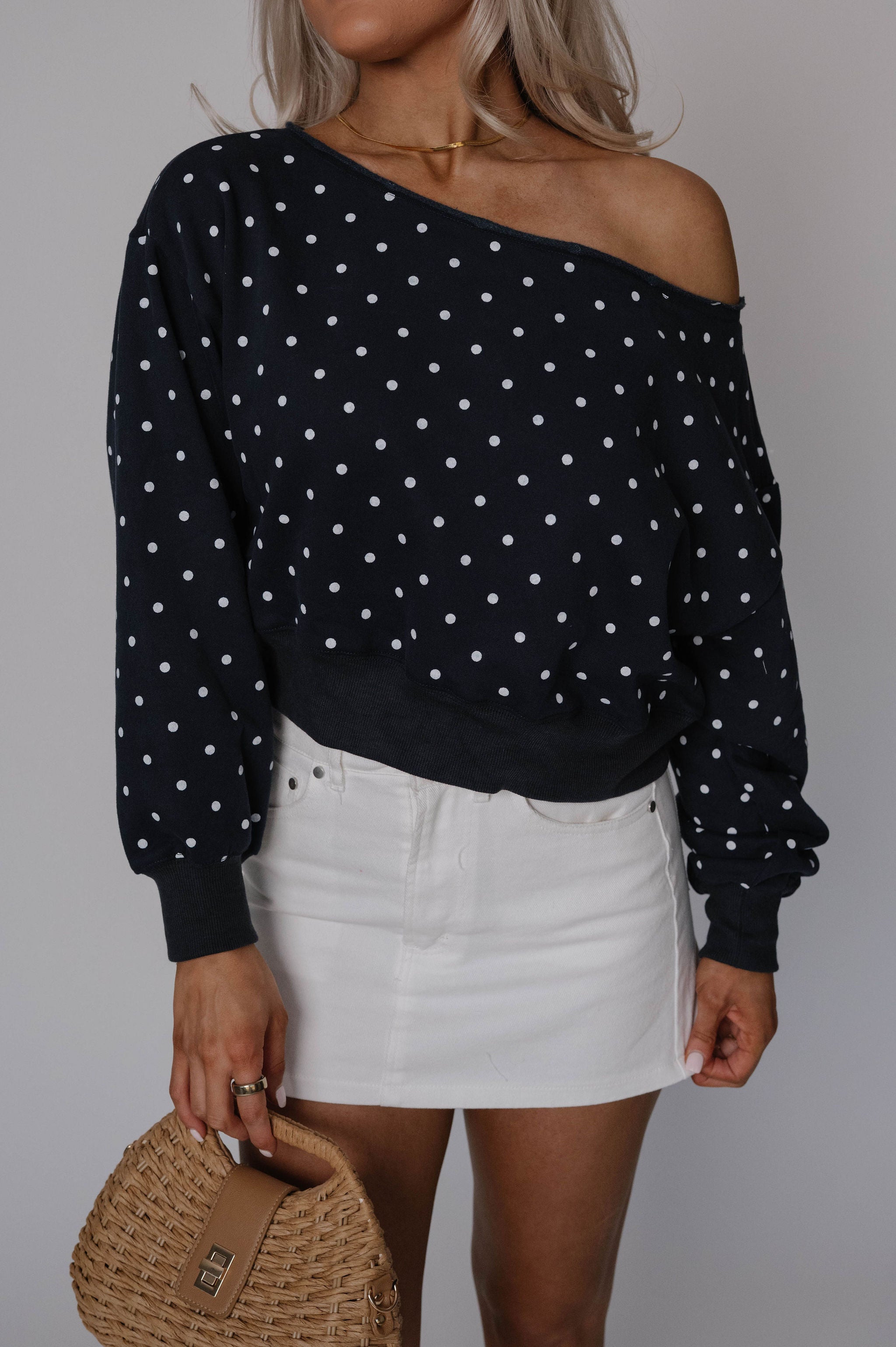 Off Shoulder Sweatshirt-Polka Dot