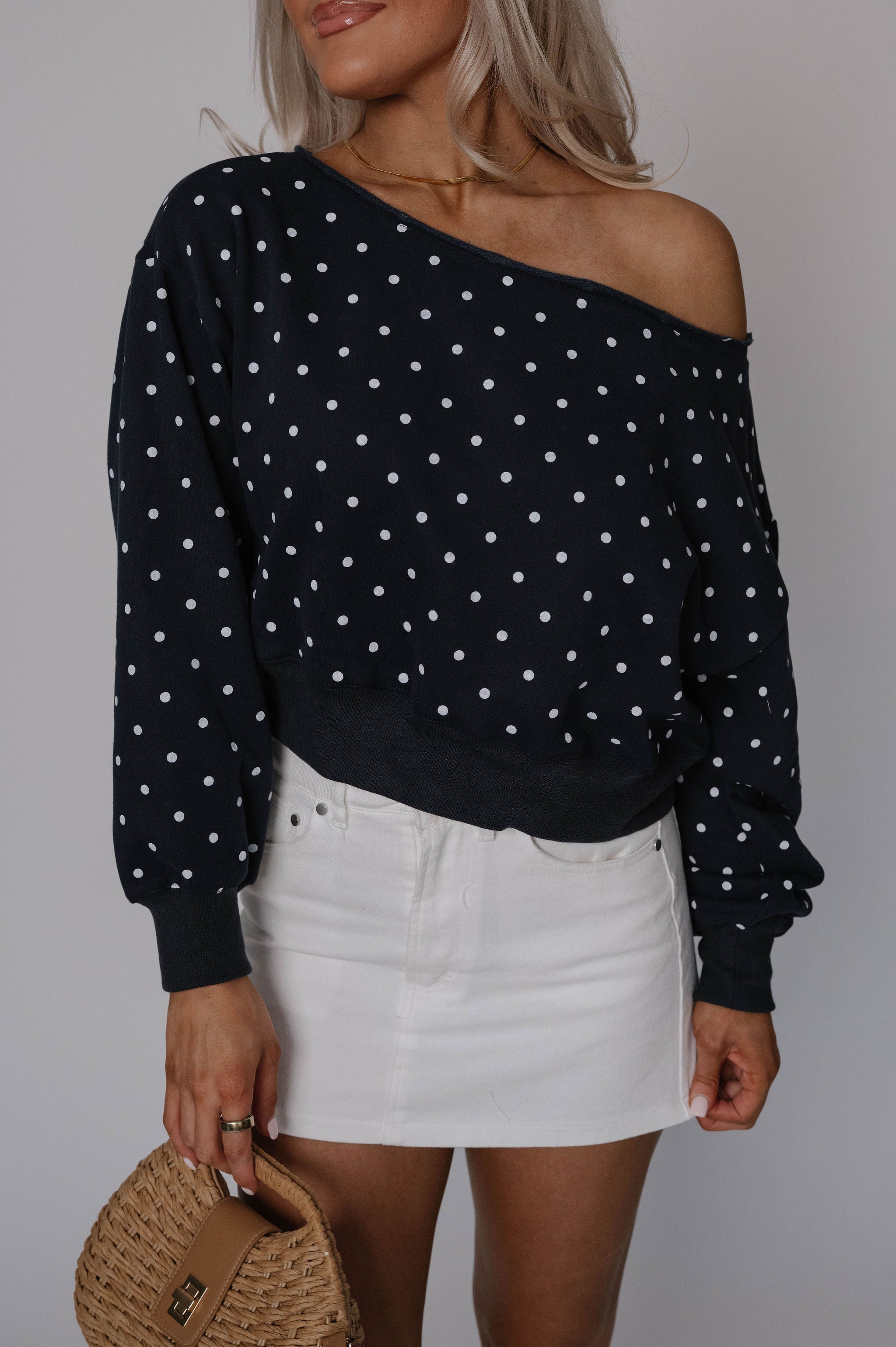 Off Shoulder Sweatshirt-Polka Dot