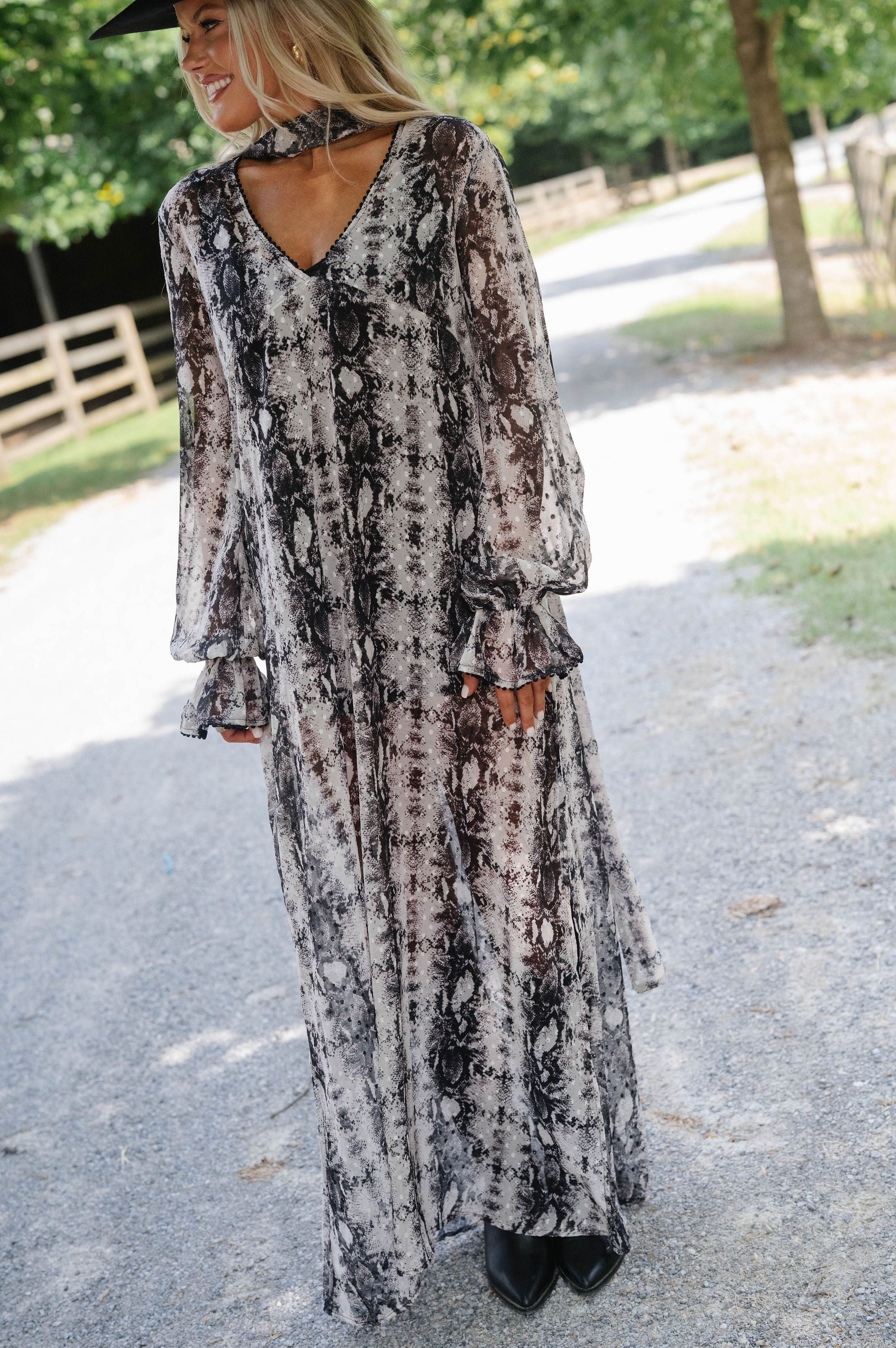 Snake Print Maxi Dress With Scarf