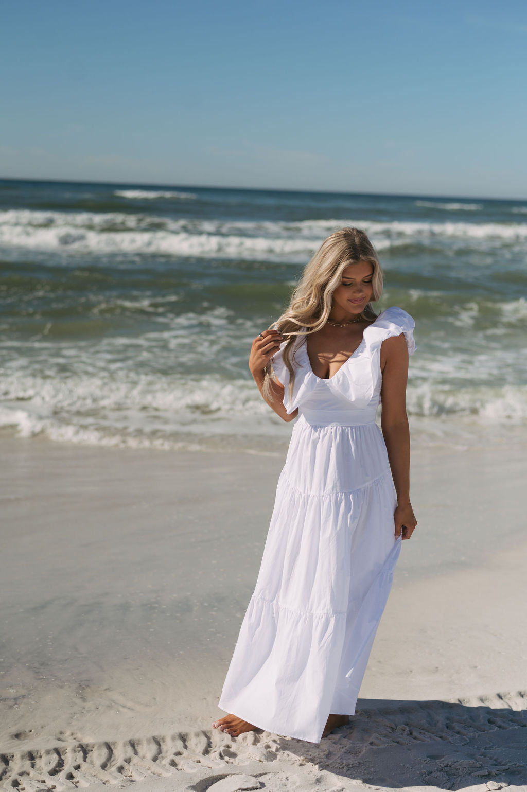 Kinsley V Neck Tiered Maxi Dress- Off White