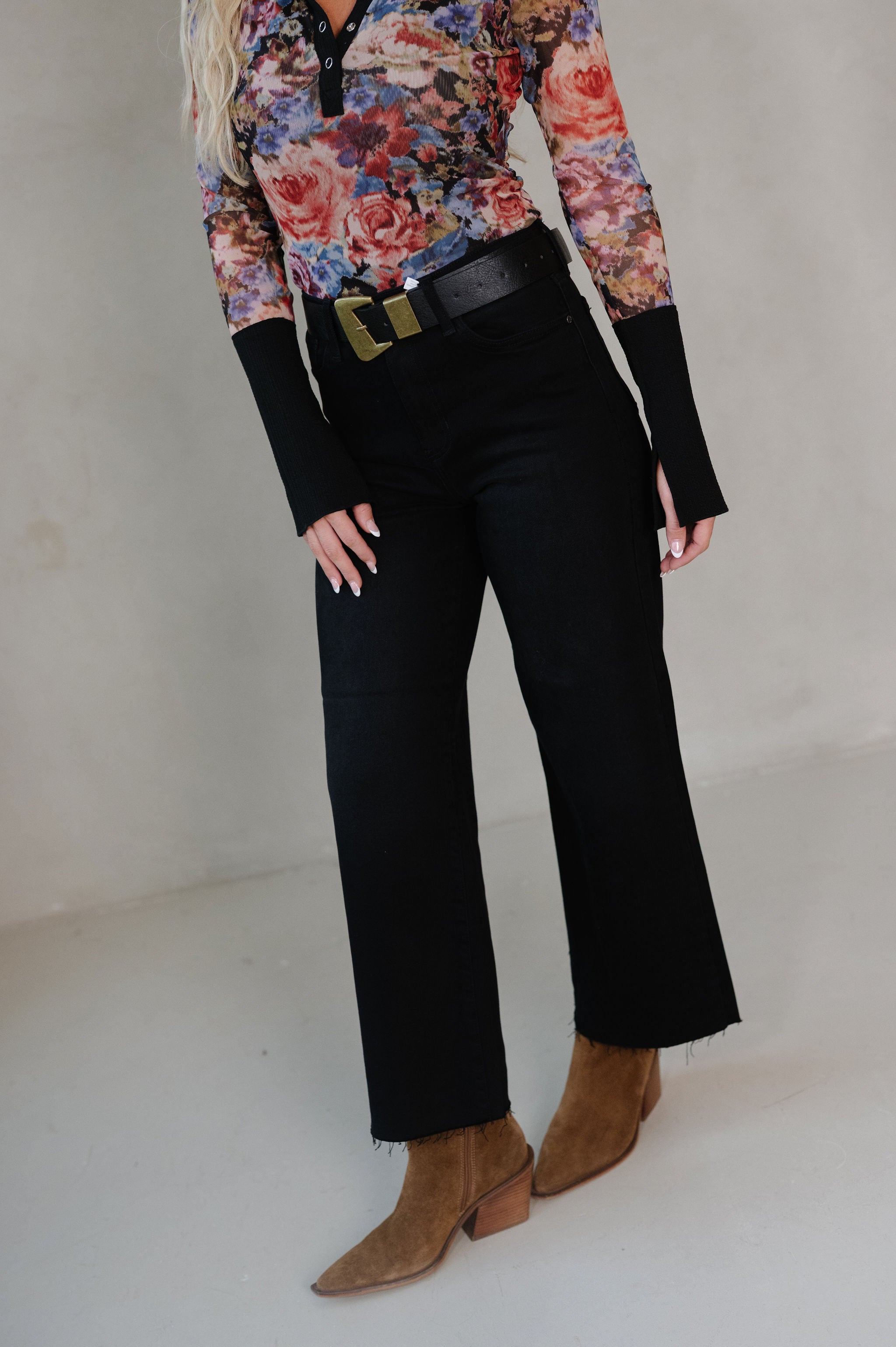 Bri Raw Hem Wide Leg Jeans-Wash Black
