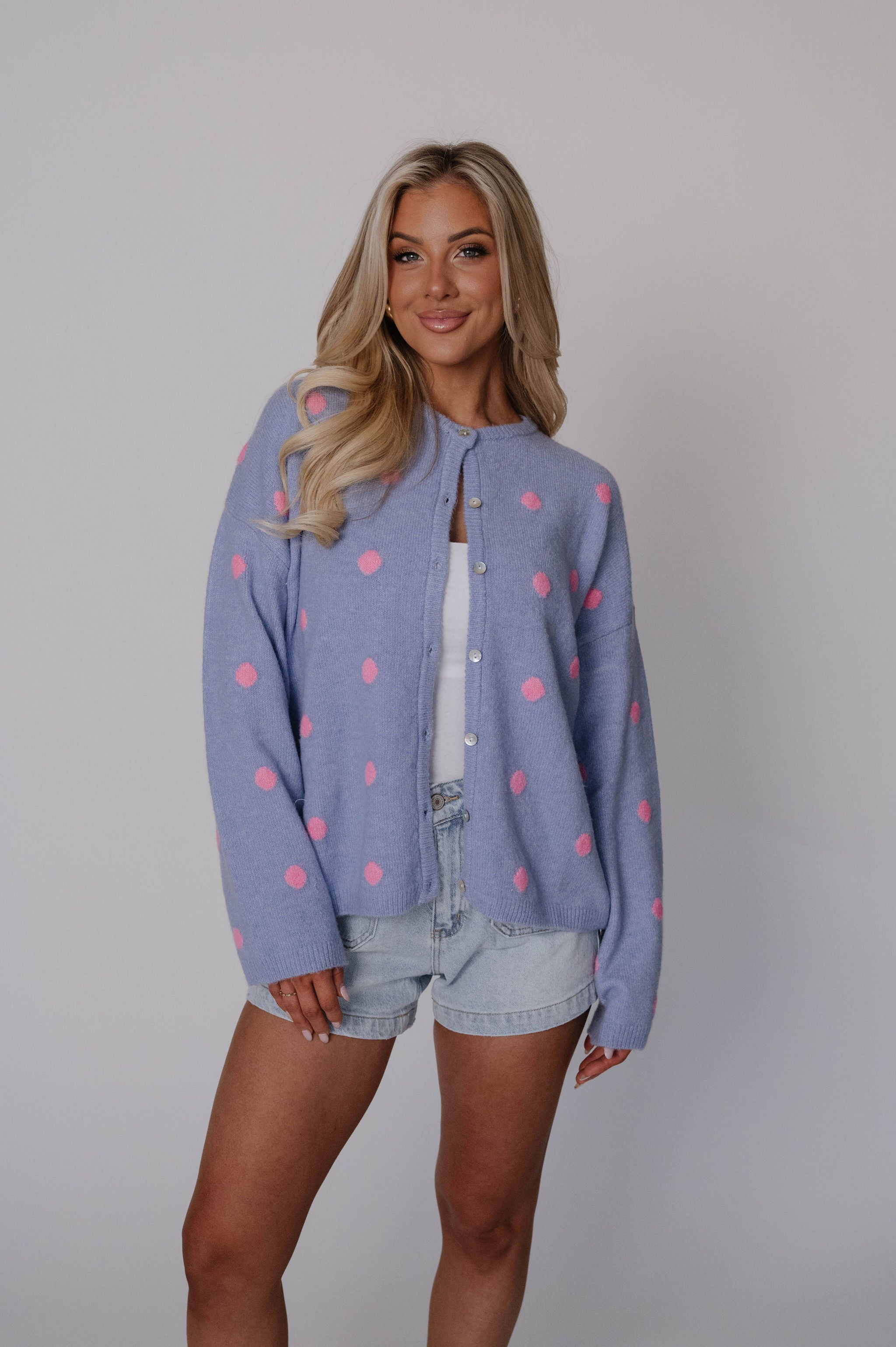 Corey Polka Dot Cardigan-Light Blue/Pink