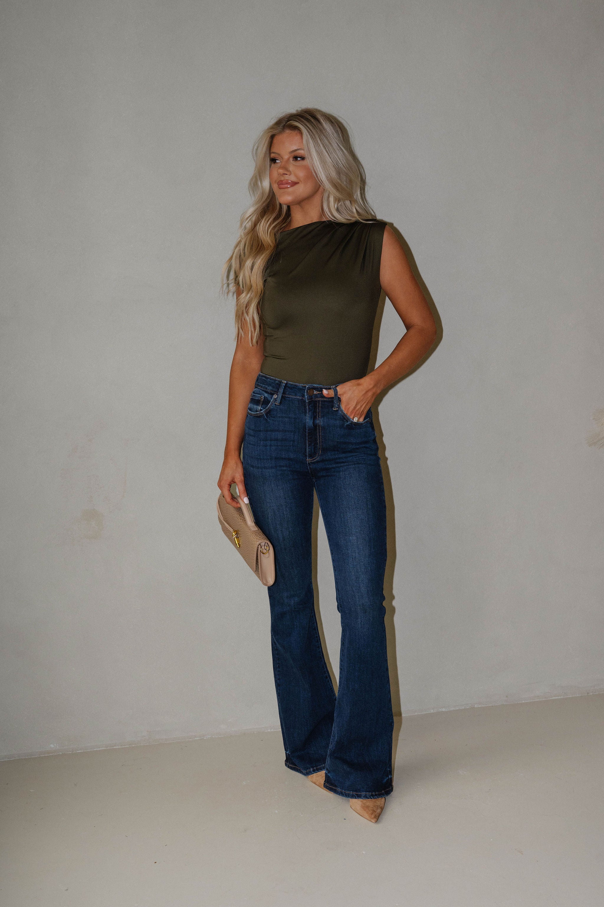 Asymmetrical Drape Bodysuit-Olive