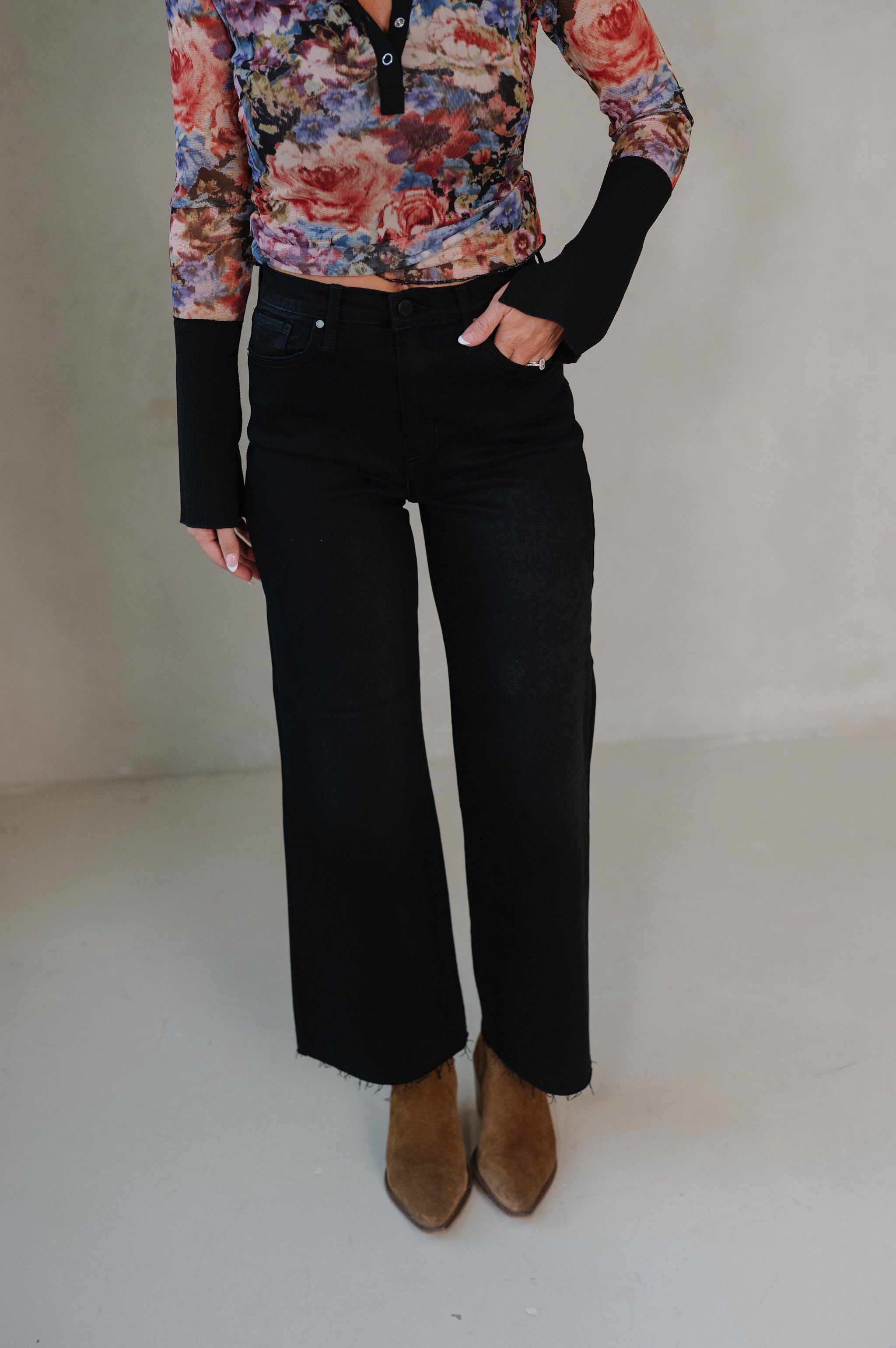 Bri Raw Hem Wide Leg Jeans-Wash Black