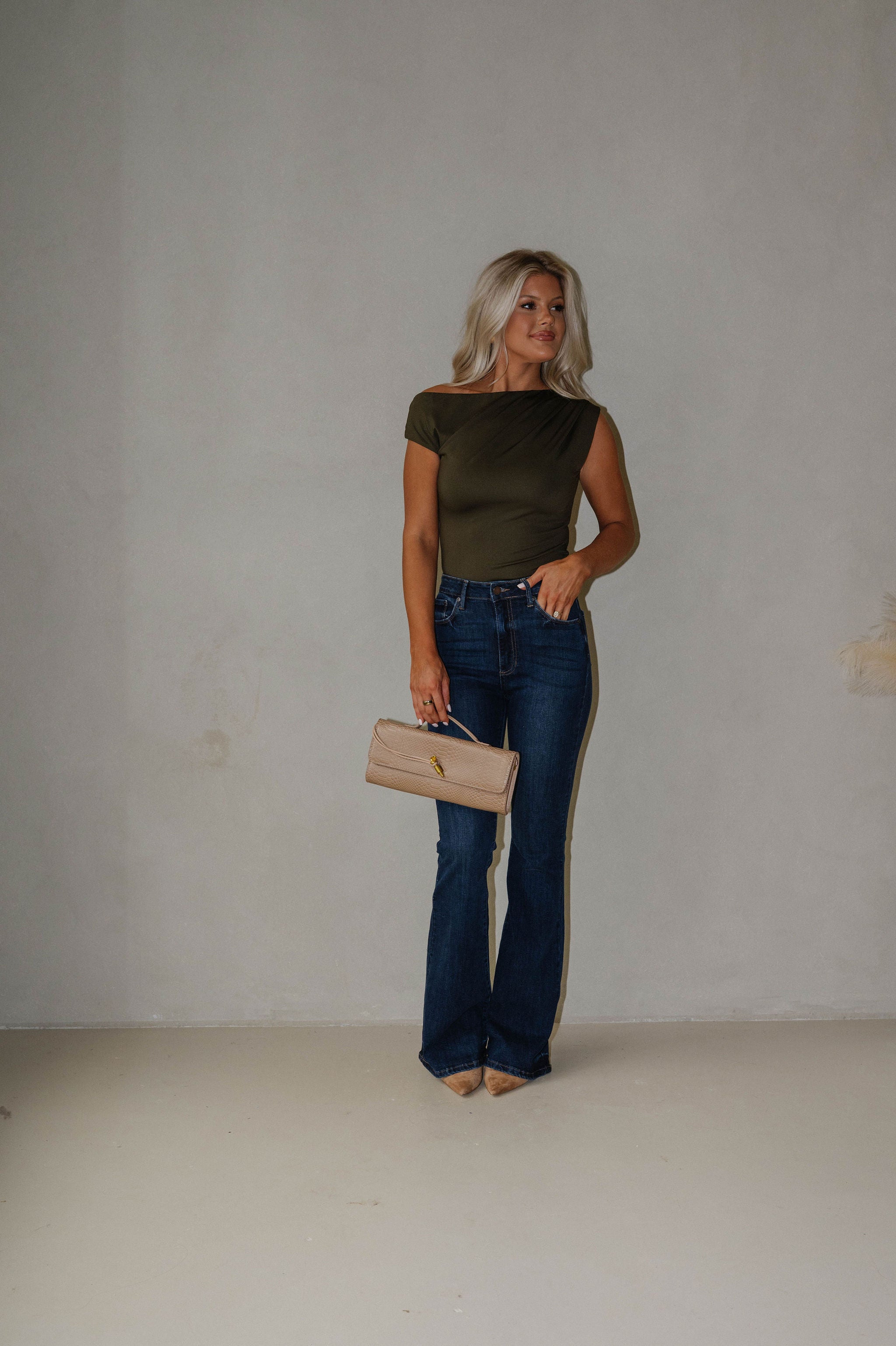 Asymmetrical Drape Bodysuit-Olive