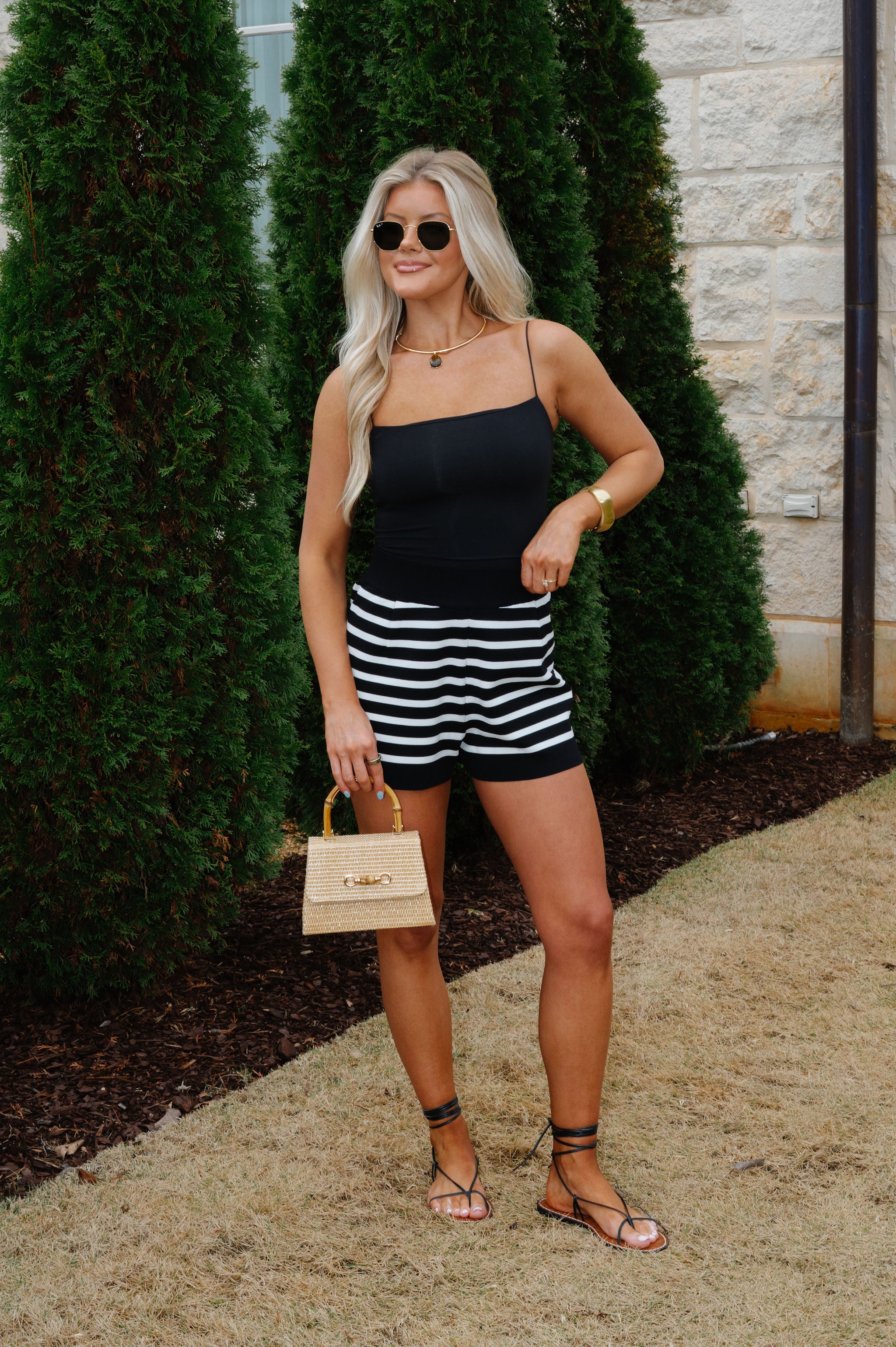 Addison Stripe Knit Shorts-Black/White
