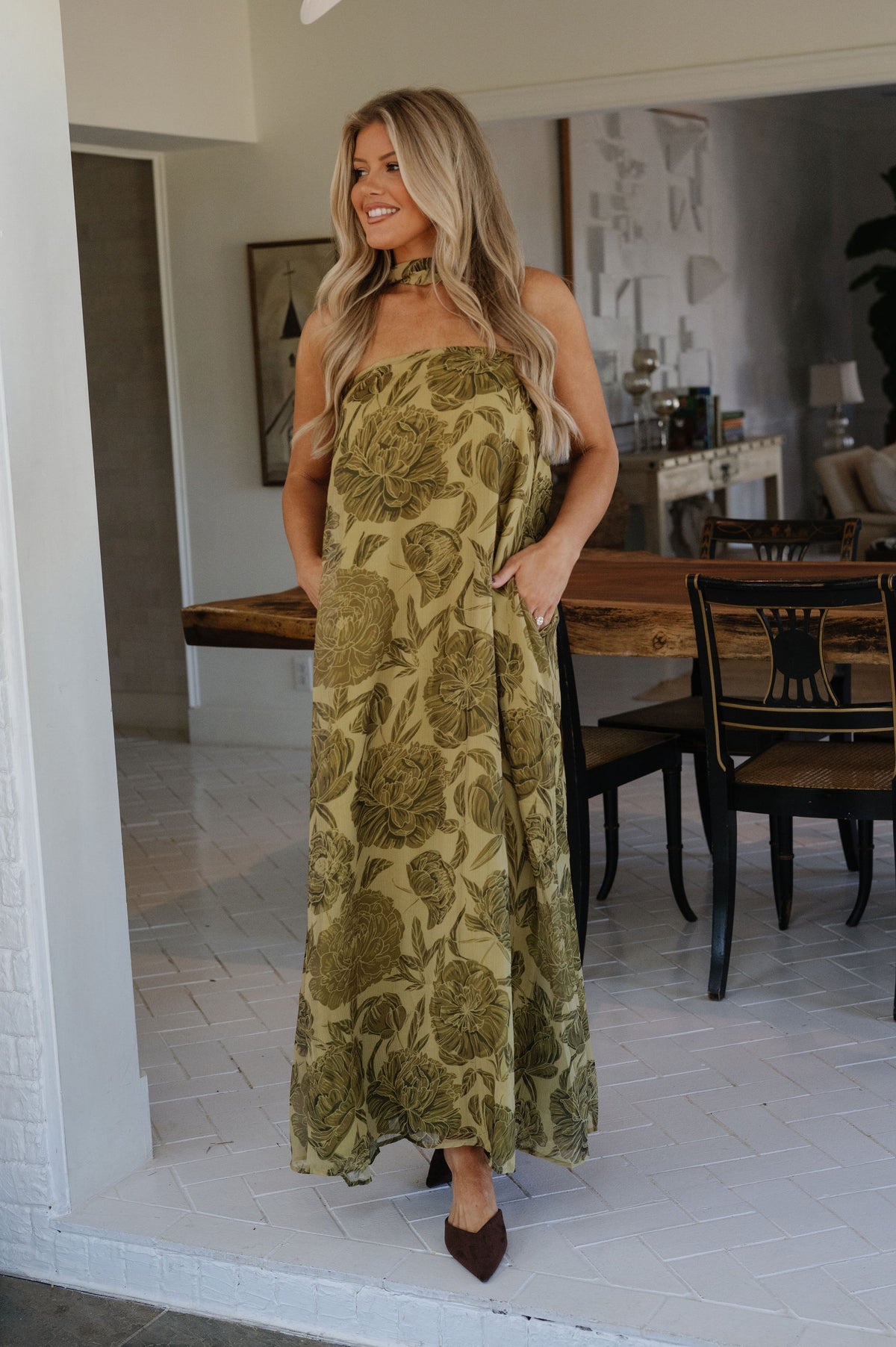 Brynn Floral Scarf Maxi Dress-Green