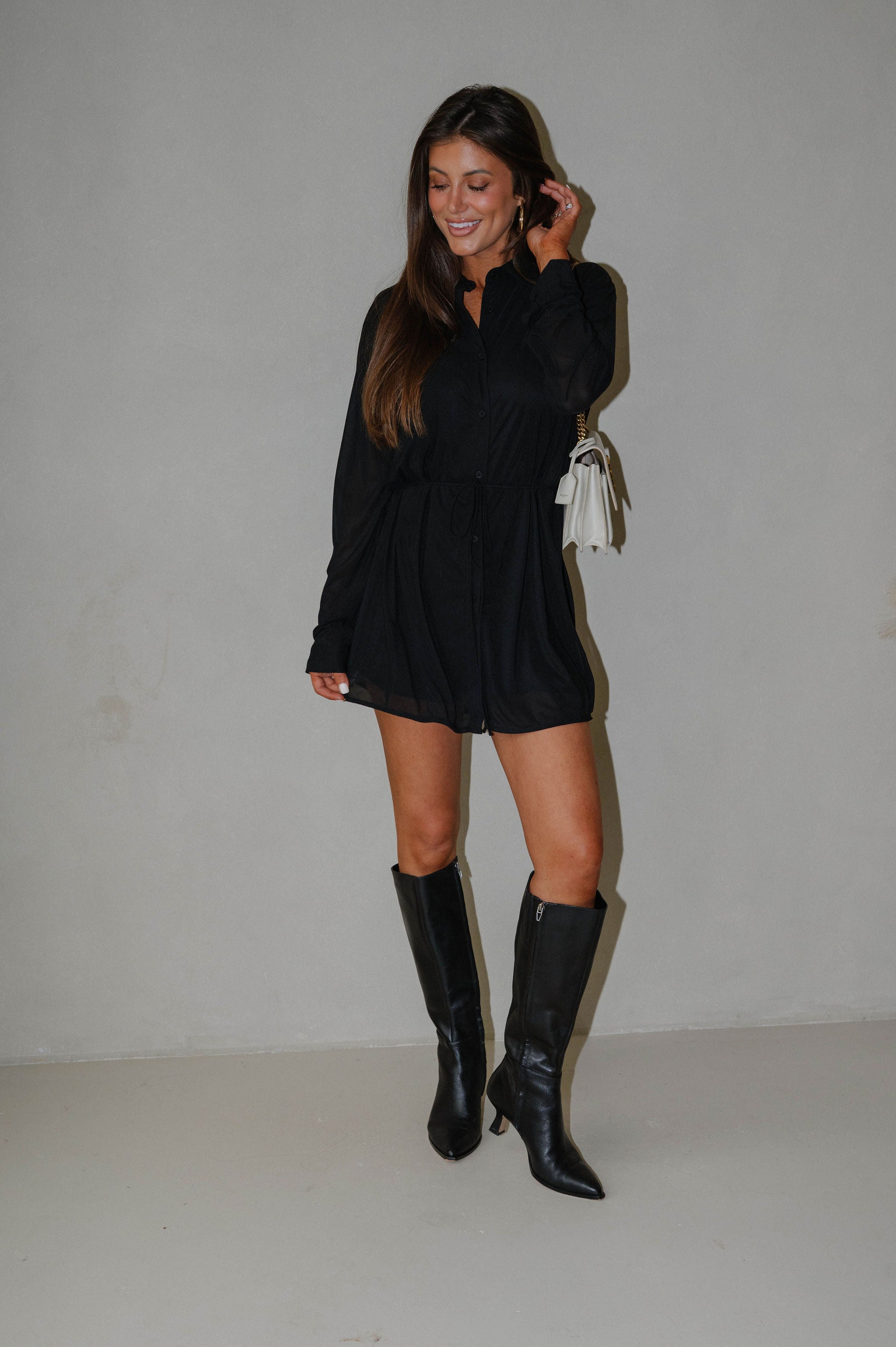 Ribbed Waist Tie Shirt Romper-Black