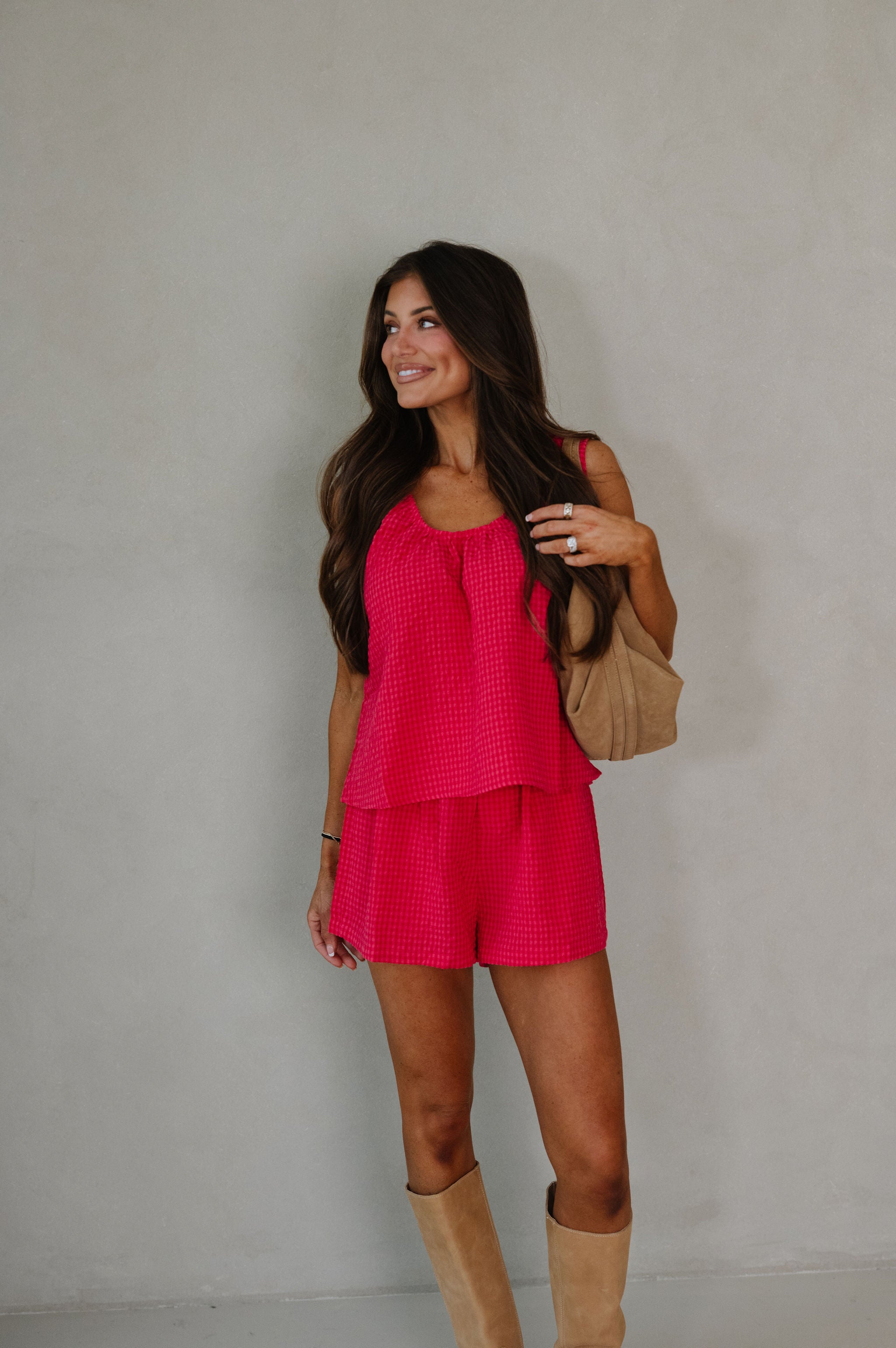 Tarsi Gingham Shorts Set-Raspberry