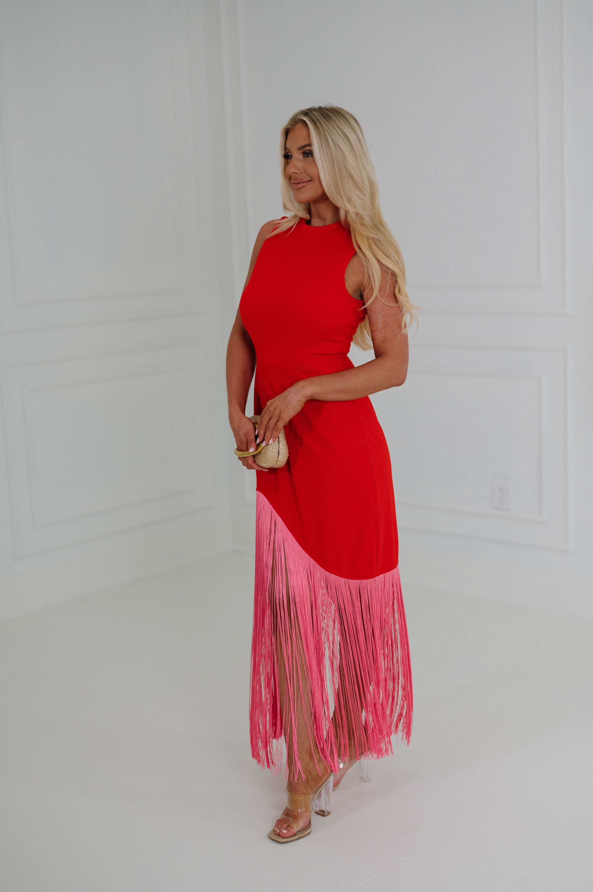 Gigi Fringe Maxi Dress-Red/Pink