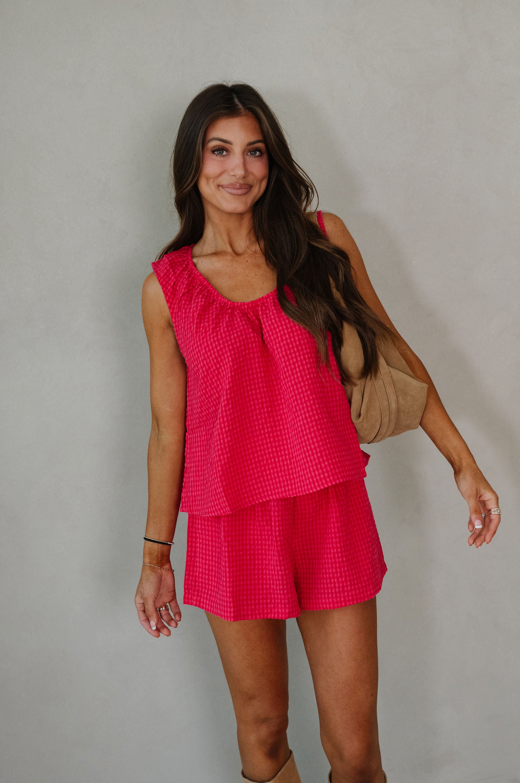 Tarsi Gingham Shorts Set-Raspberry