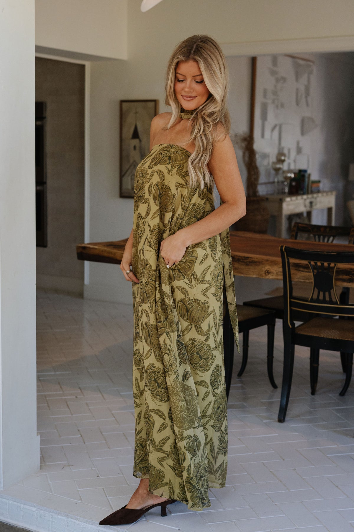 Brynn Floral Scarf Maxi Dress-Green