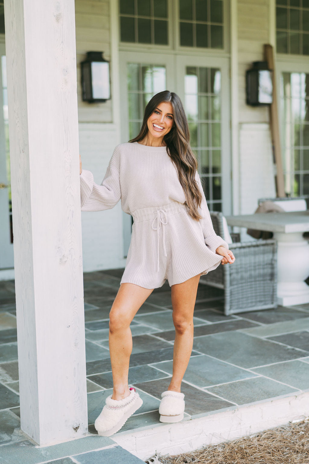 Sweater Knit Drawstring Romper- Taupe