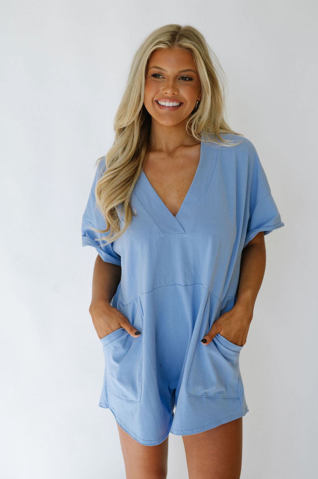 Oversized V-Neck Romper- Blue