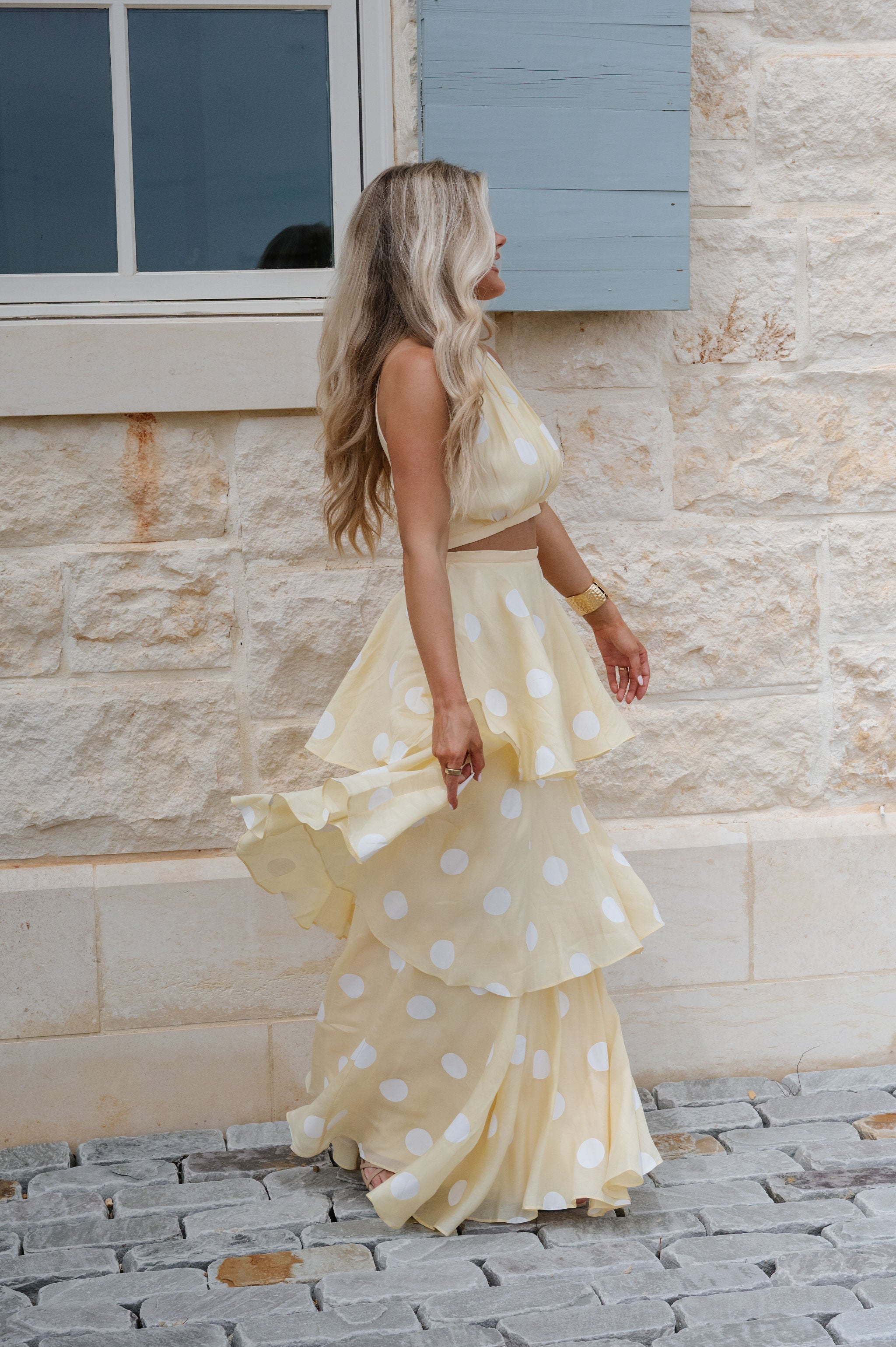 Spring Polka Dot Halter Neck Skirt Set-Yellow