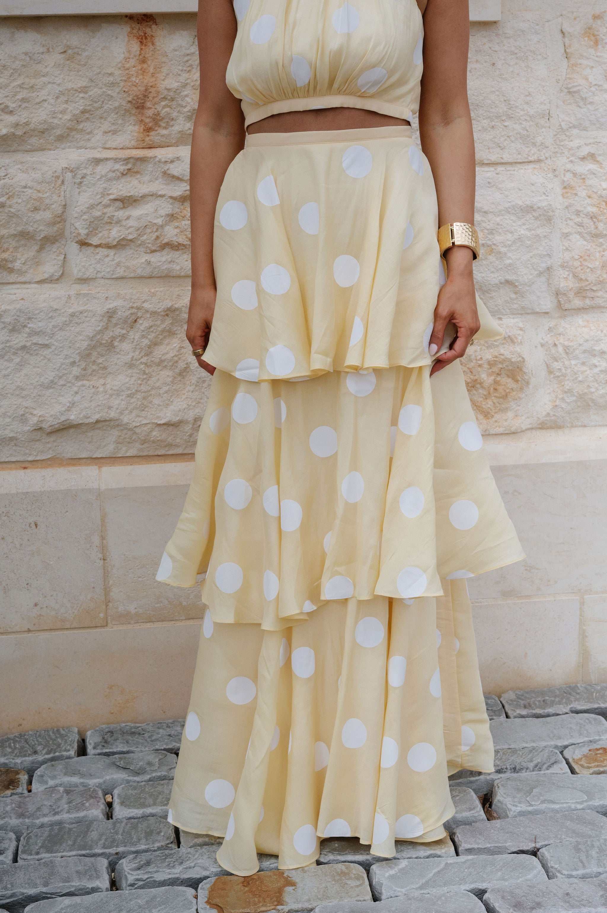 Spring Polka Dot Halter Neck Skirt Set-Yellow