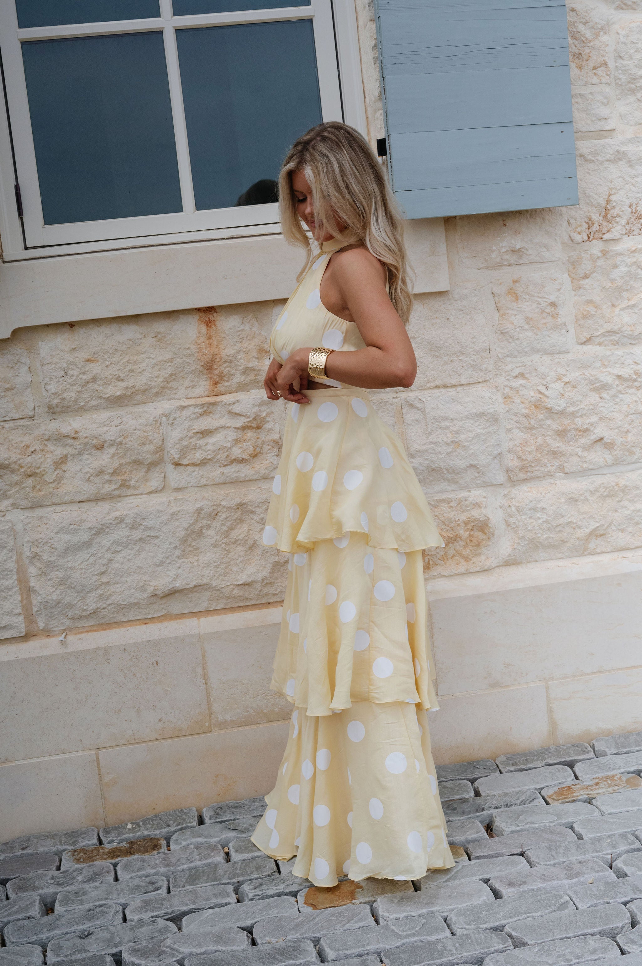 Spring Polka Dot Halter Neck Skirt Set-Yellow