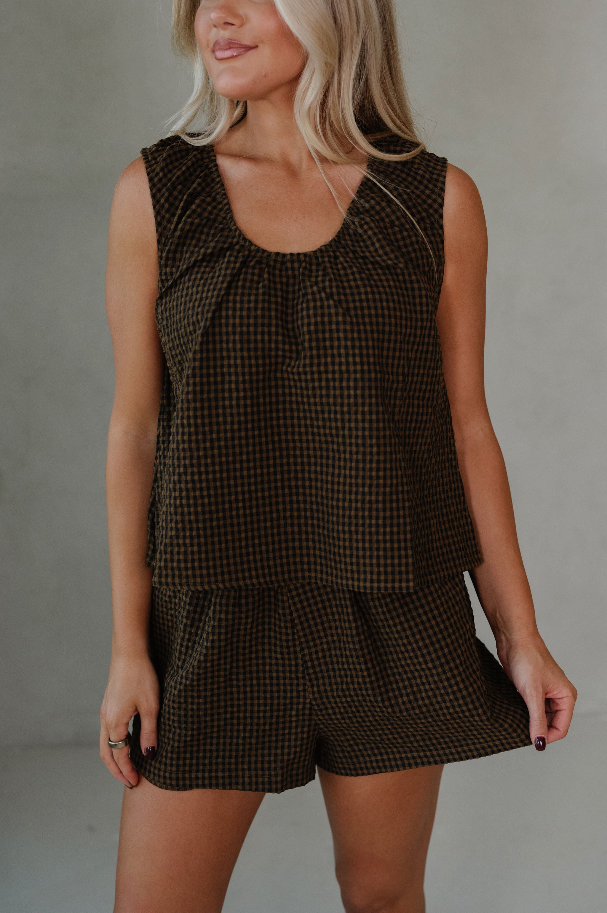 Tarsi Gingham Shorts Set-Brown