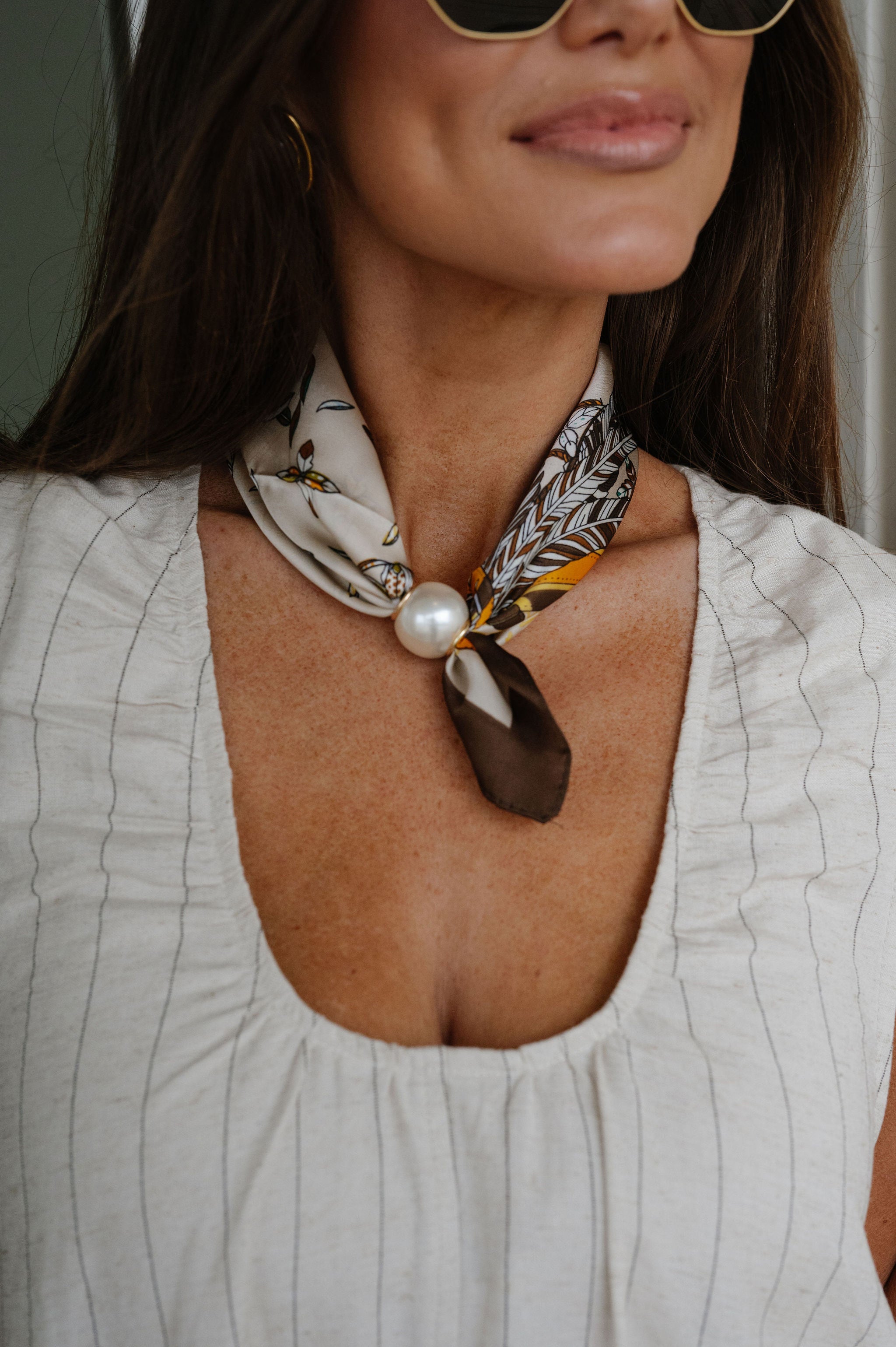 Pearl Magnetic Scarf Necklace - Khaki/Brown