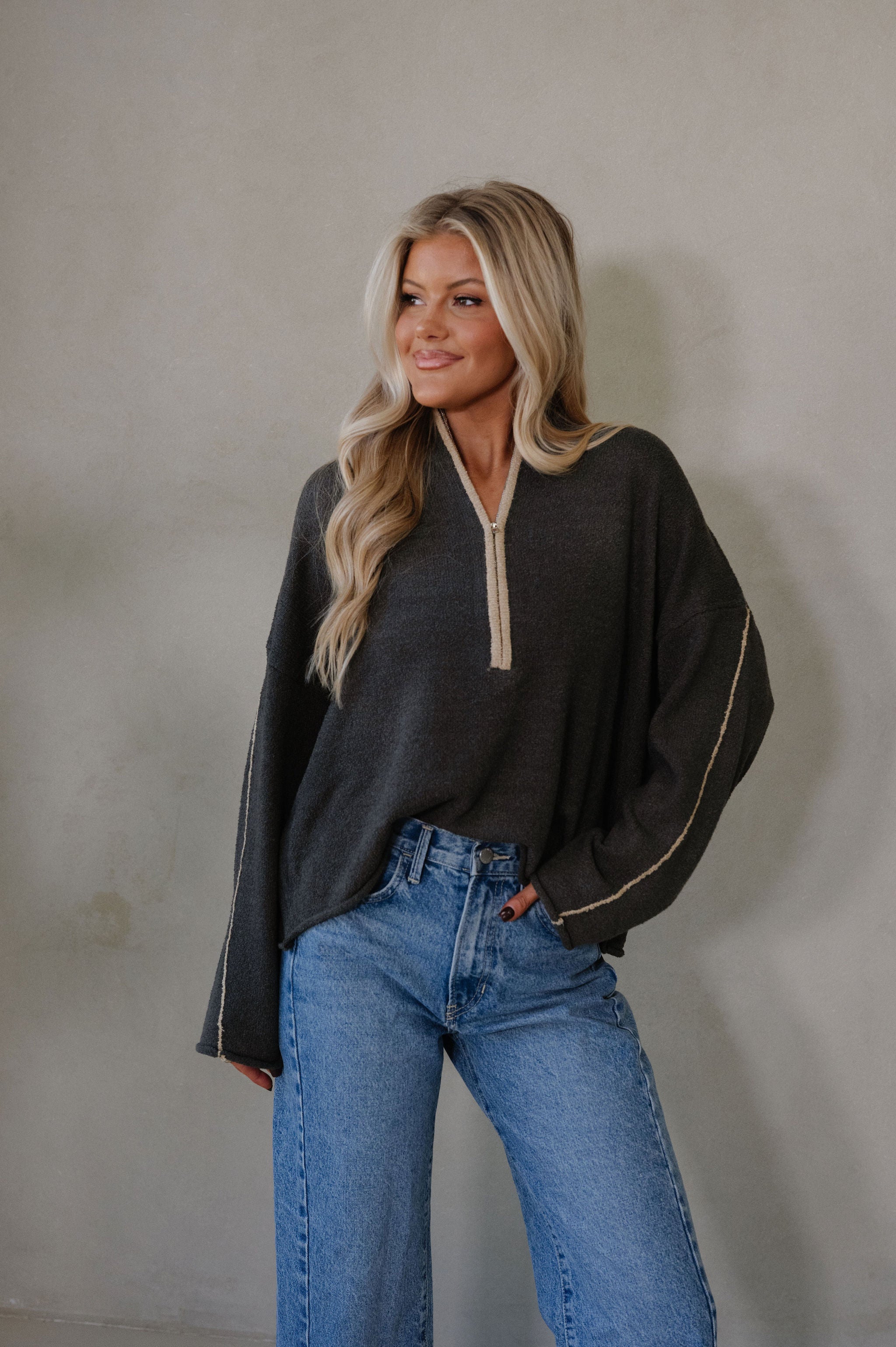 Textured Half-Zip Mock-Neck Sweater-Charcoal