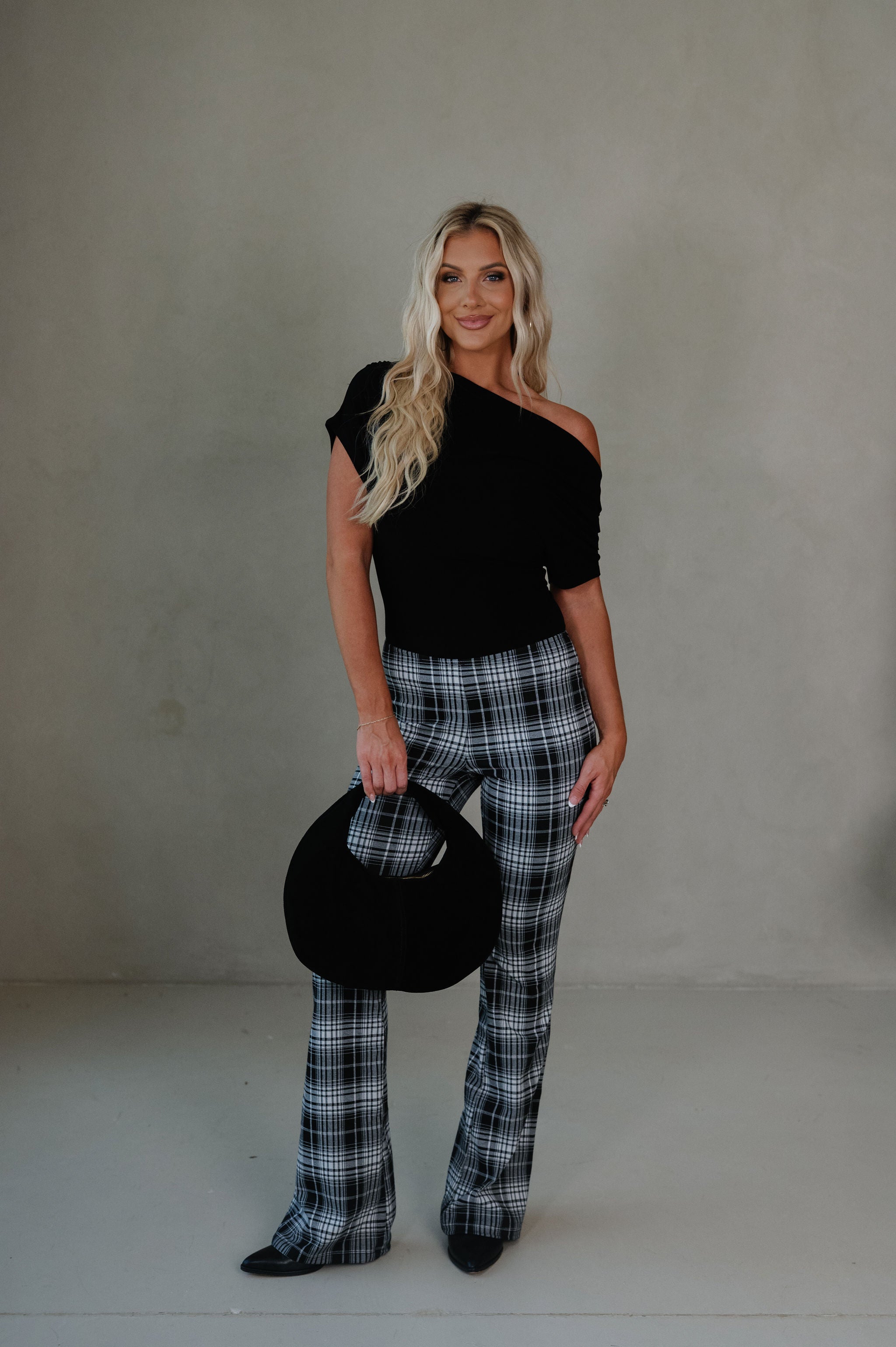 Frankie Plaid Flare Pants-Black/White