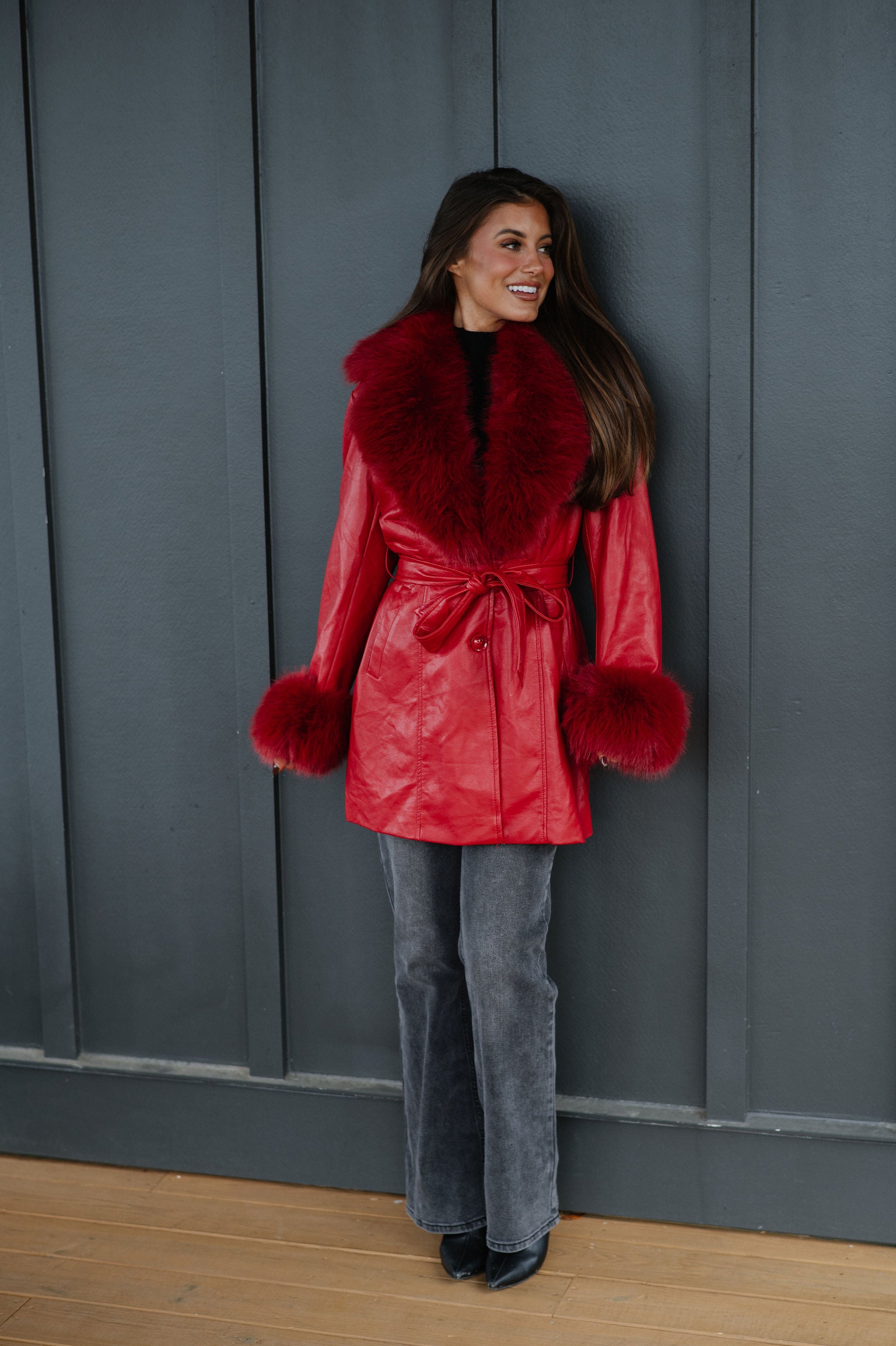 Ginny Fur Trim Coat-Red